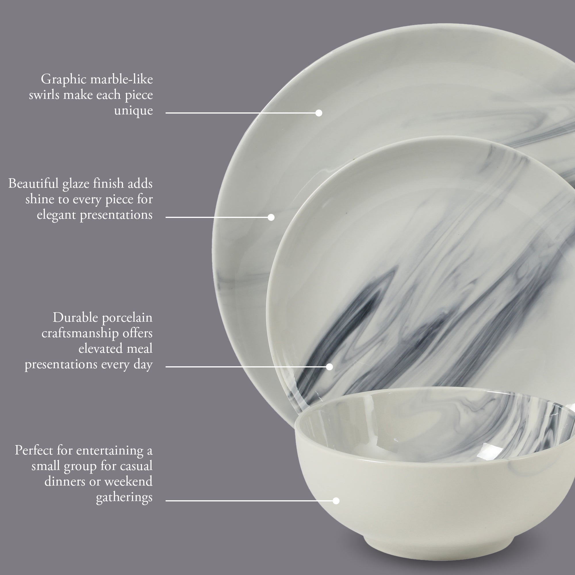 Gibson Home Cloudlight 12 Piece Plates and Bowls Dishes Brown and White - Decorated Porcelain Ceramic Dinnerware Set - Service for 4