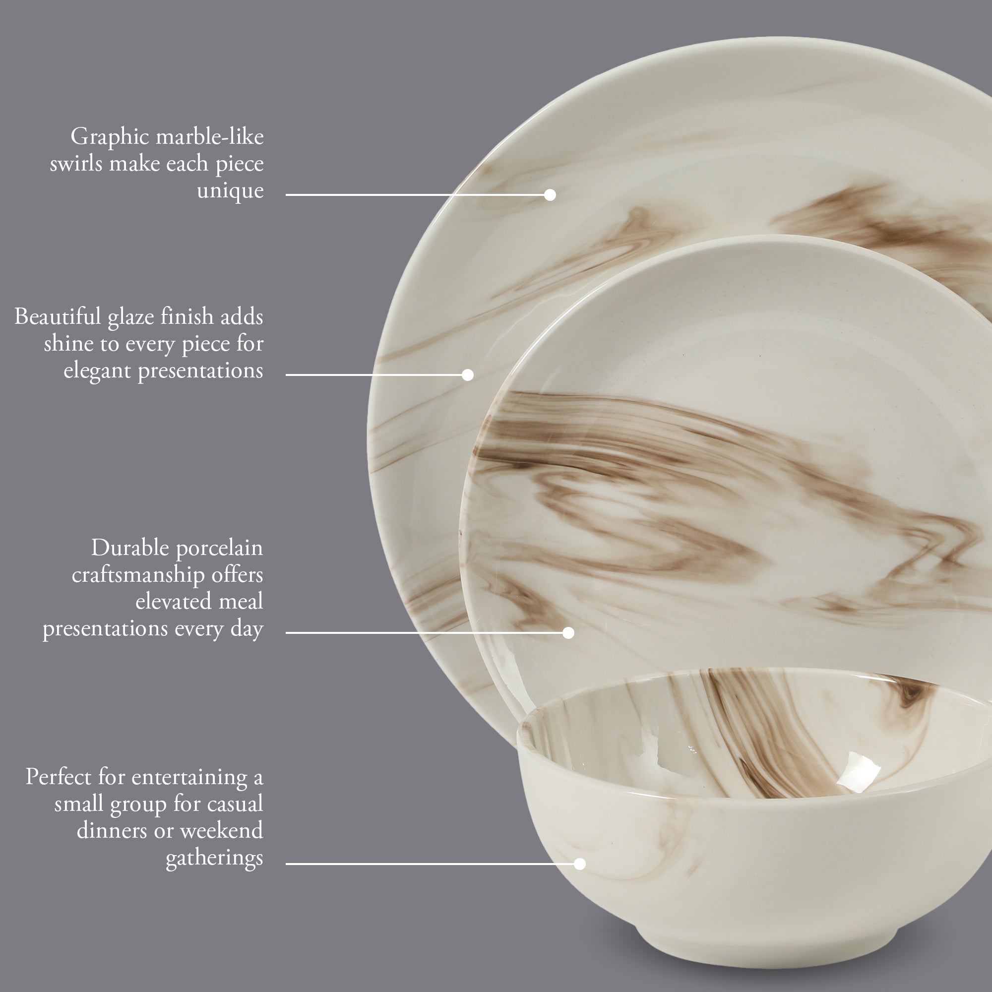 Gibson Home Cloudlight 12 Piece Plates and Bowls Dishes Brown and White - Decorated Porcelain Ceramic Dinnerware Set - Service for 4