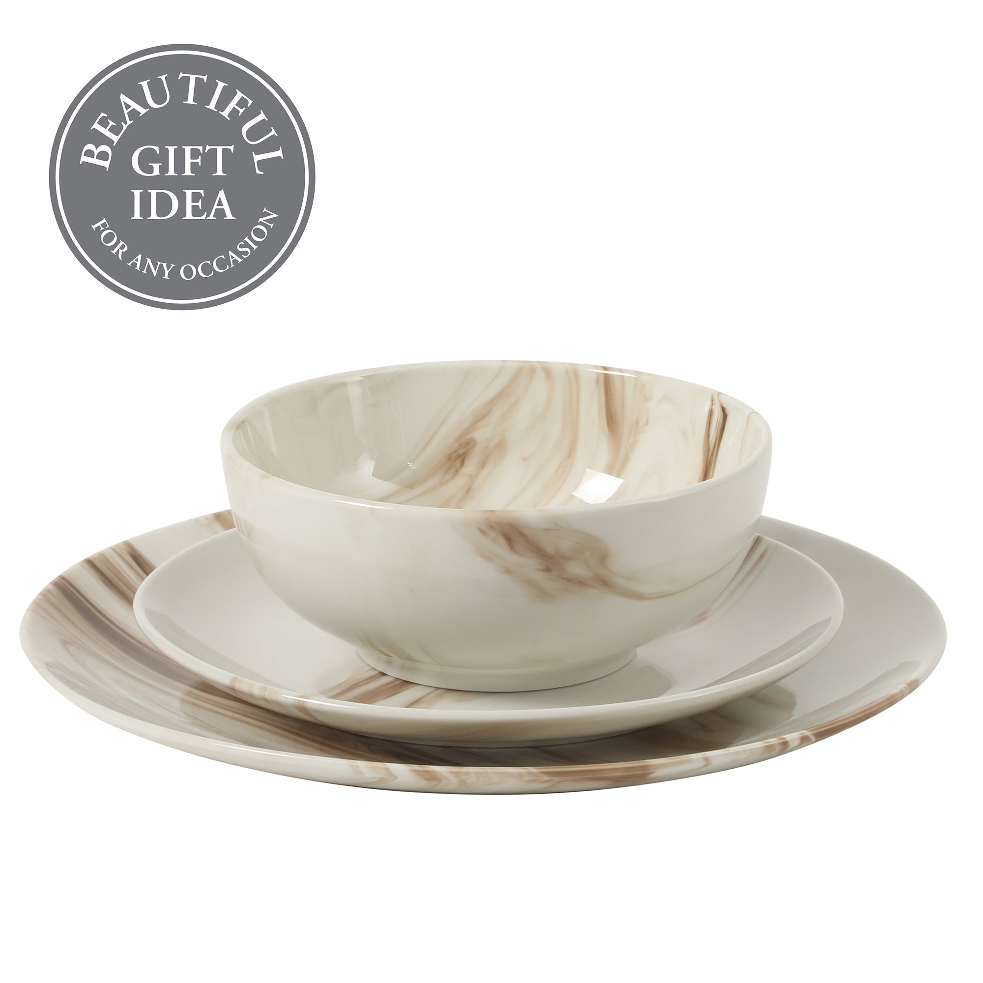 Gibson Home Cloudlight 12 Piece Plates and Bowls Dishes Brown and White - Decorated Porcelain Ceramic Dinnerware Set - Service for 4