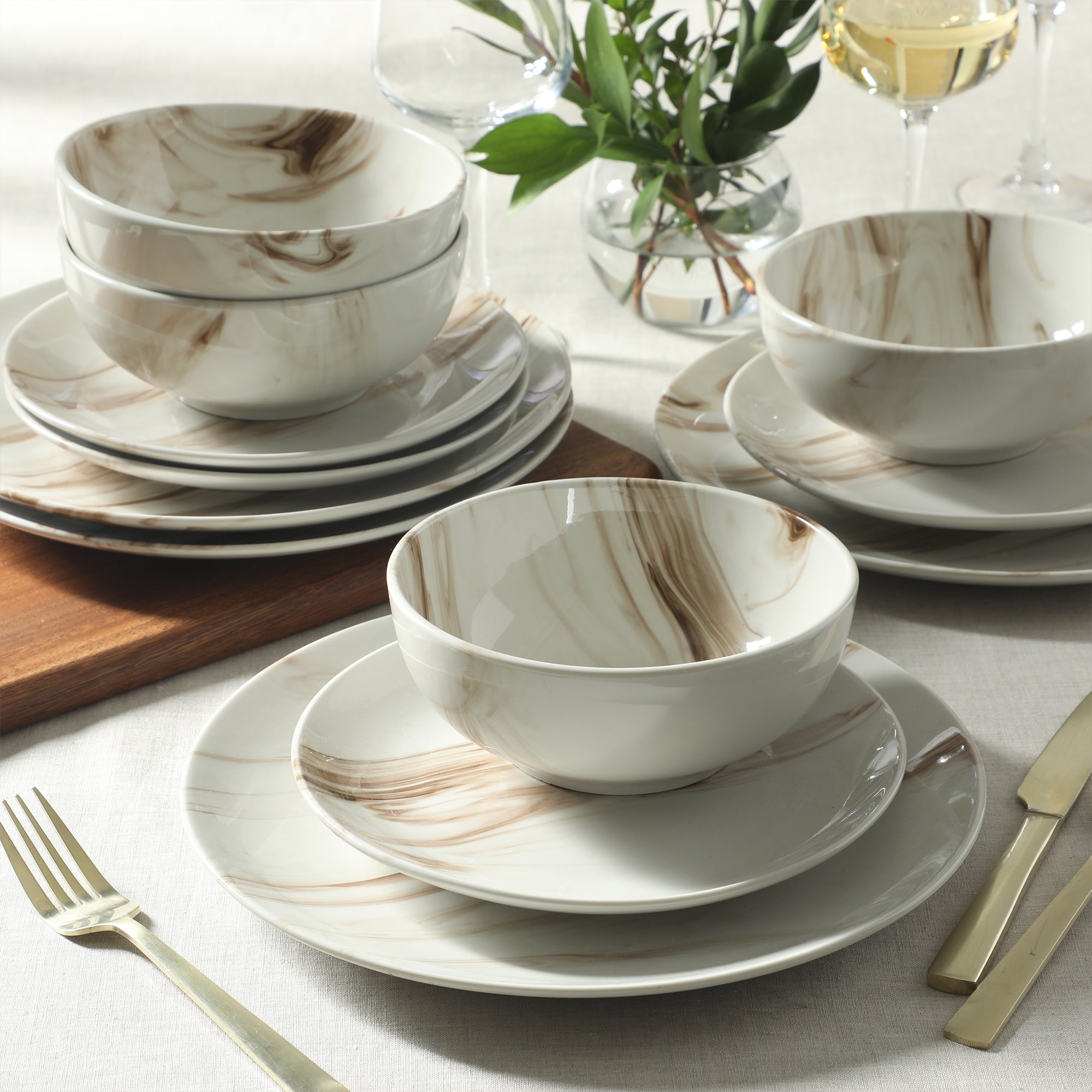 Gibson Home Cloudlight 12 Piece Plates and Bowls Dishes Brown and White - Decorated Porcelain Ceramic Dinnerware Set - Service for 4