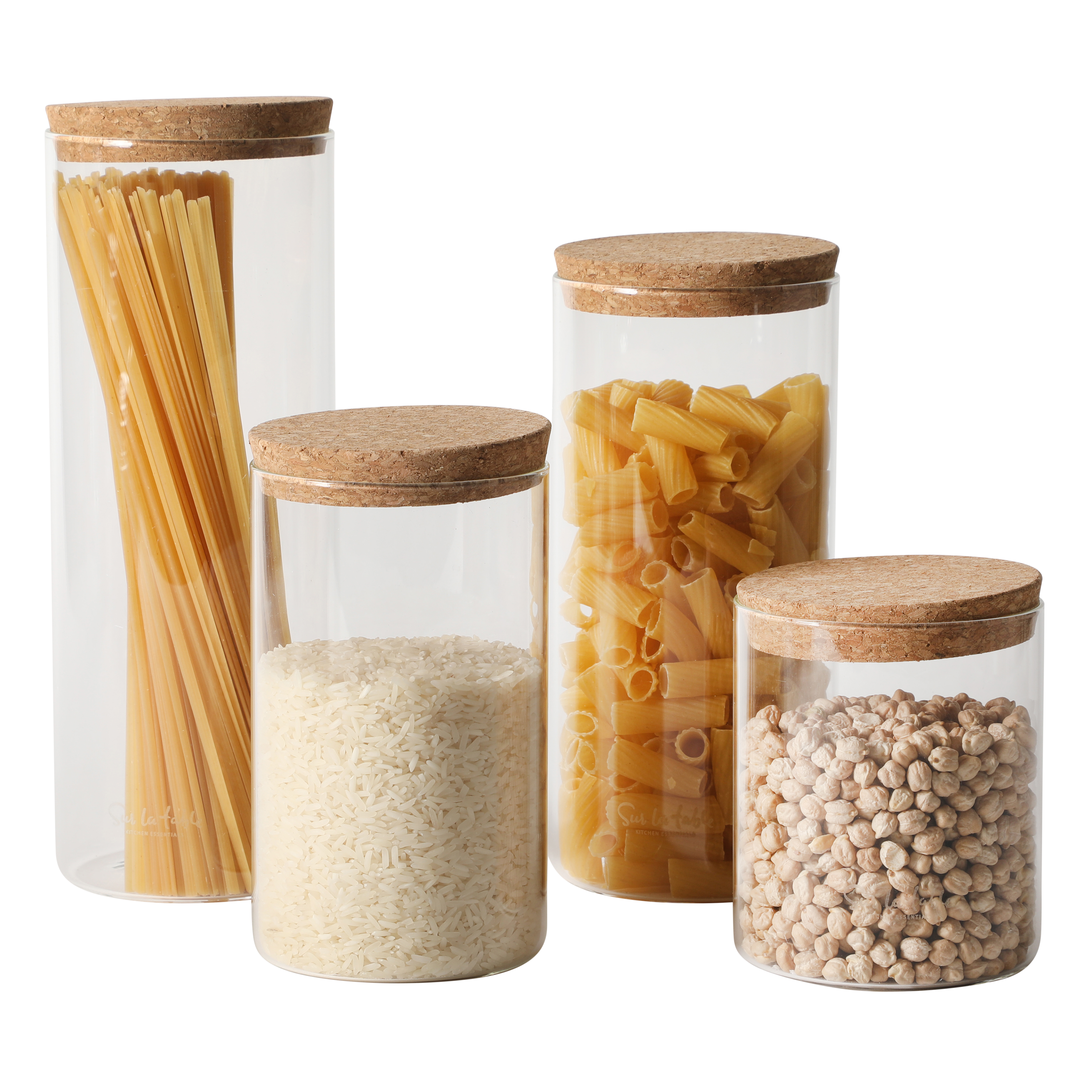Sur La Table Kitchen Essentials Rue Lumiere 4-Piece Handmade Glass Canister Set with Airtight Cork Lids, Clear – 57 oz, 45 oz, 34 oz & 25 oz, Food Storage Jars, Dishwasher Safe, Pantry Organization