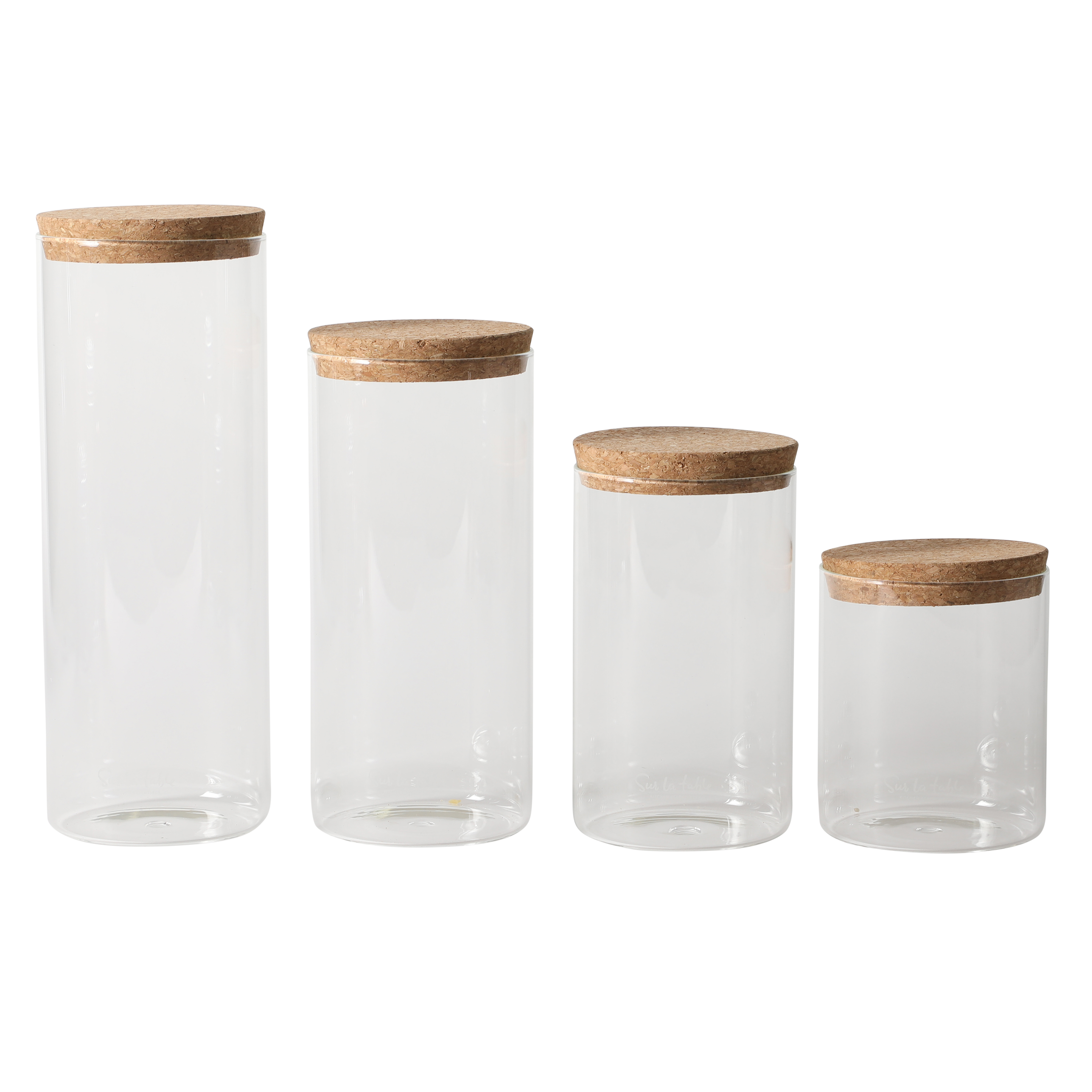 Sur La Table Kitchen Essentials Rue Lumiere 4-Piece Handmade Glass Canister Set with Airtight Cork Lids, Clear – 57 oz, 45 oz, 34 oz & 25 oz, Food Storage Jars, Dishwasher Safe, Pantry Organization