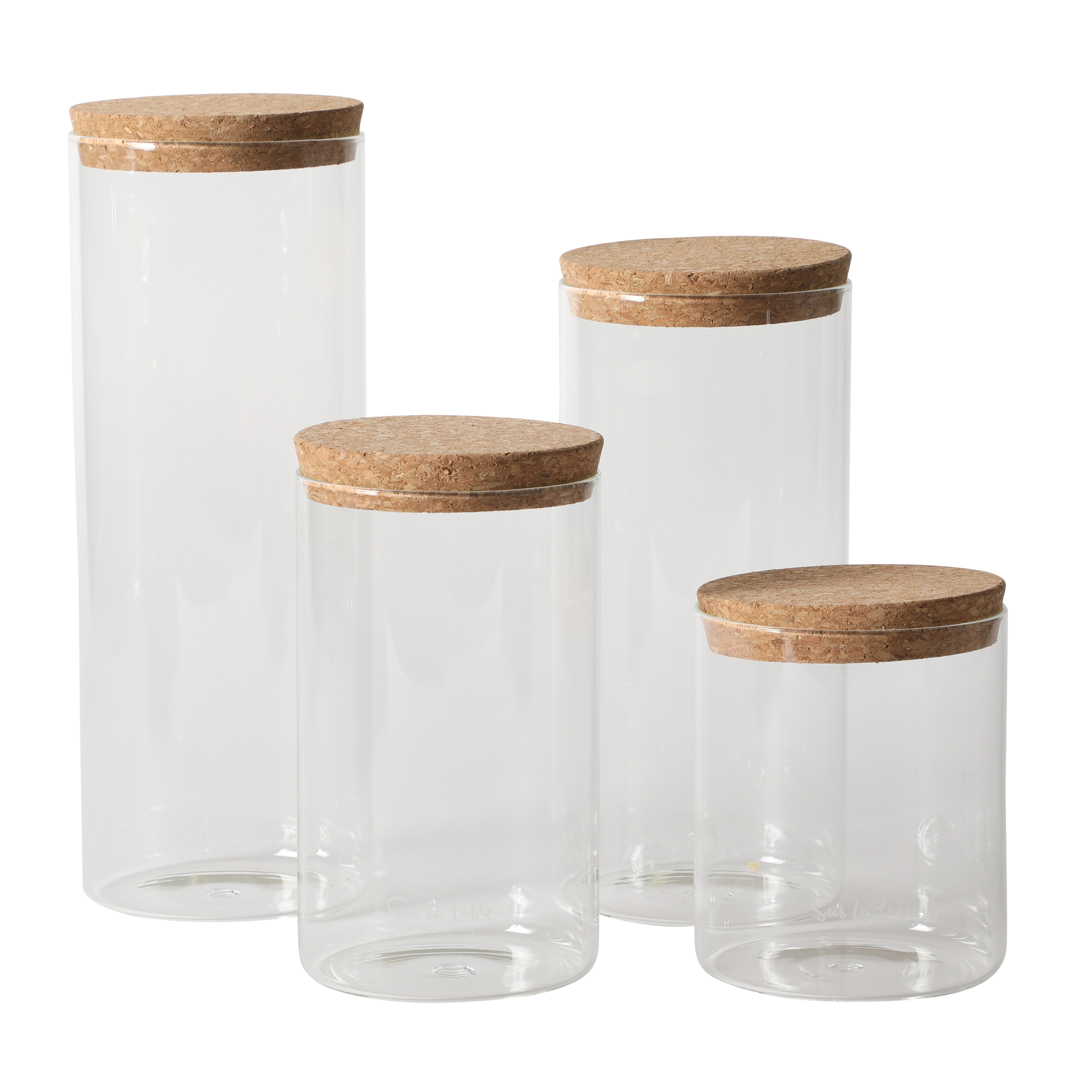 Sur La Table Kitchen Essentials Rue Lumiere 4-Piece Handmade Glass Canister Set with Airtight Cork Lids, Clear – 57 oz, 45 oz, 34 oz & 25 oz, Food Storage Jars, Dishwasher Safe, Pantry Organization