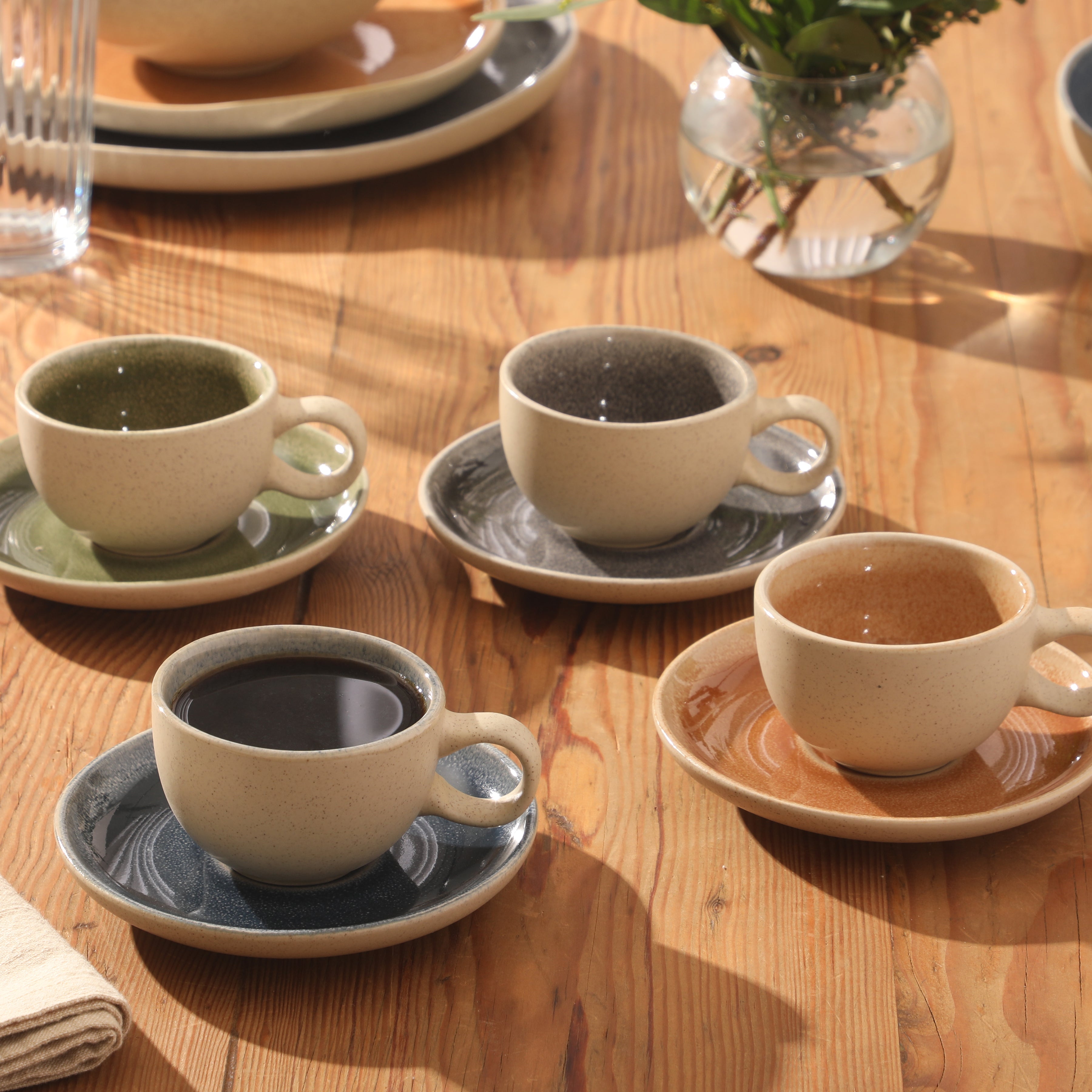 Gibson Elite Manila Bay 8-Piece Stoneware 5 oz Cup and Saucer Set, Reactive Glaze Espresso & Coffee Cups with Saucers, Assorted Colors