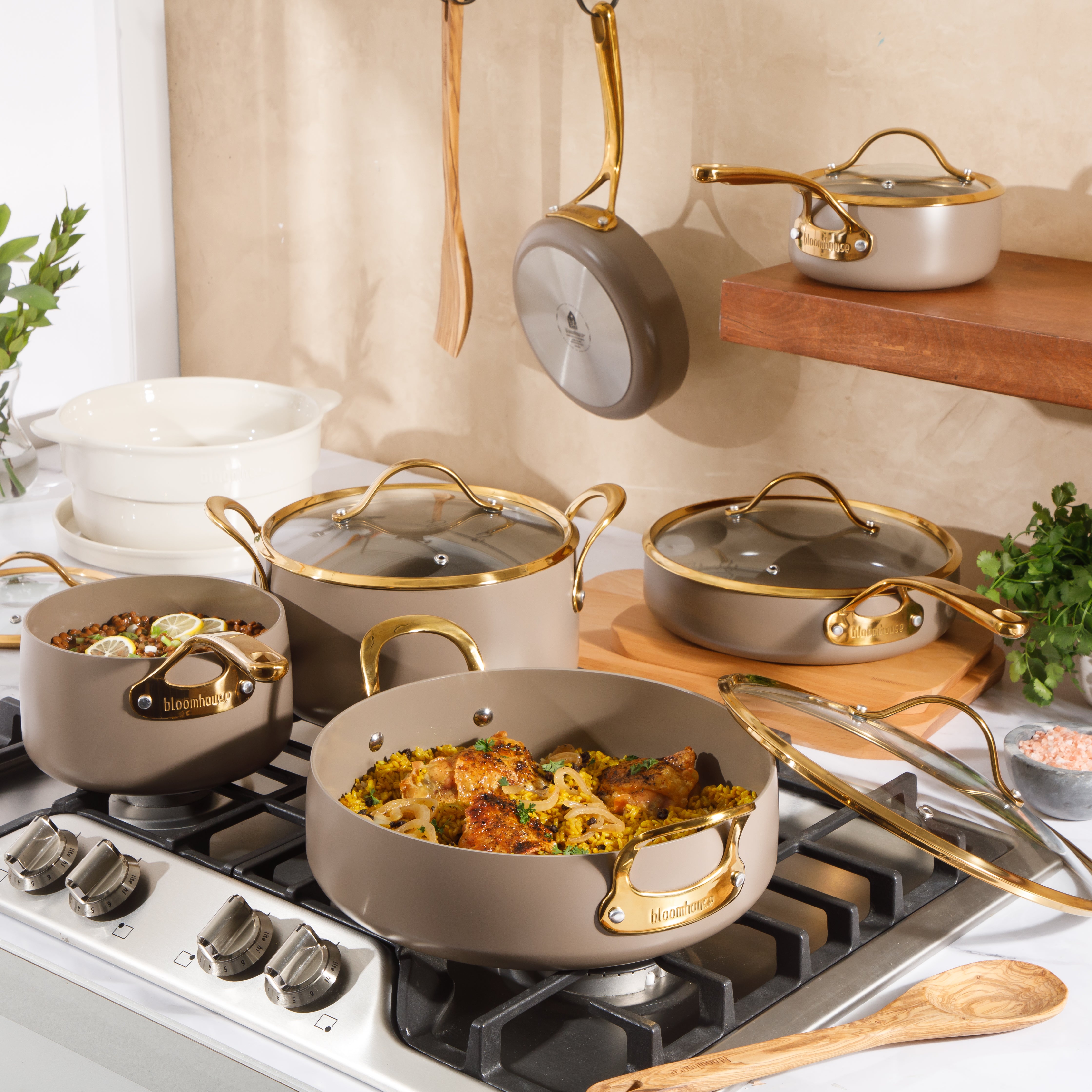 Bloomhouse 15 Piece Pots and Pans Heavy Duty Aluminum Premium PFA Free Ceramic Nonstick Dutch Oven Pot with Lid