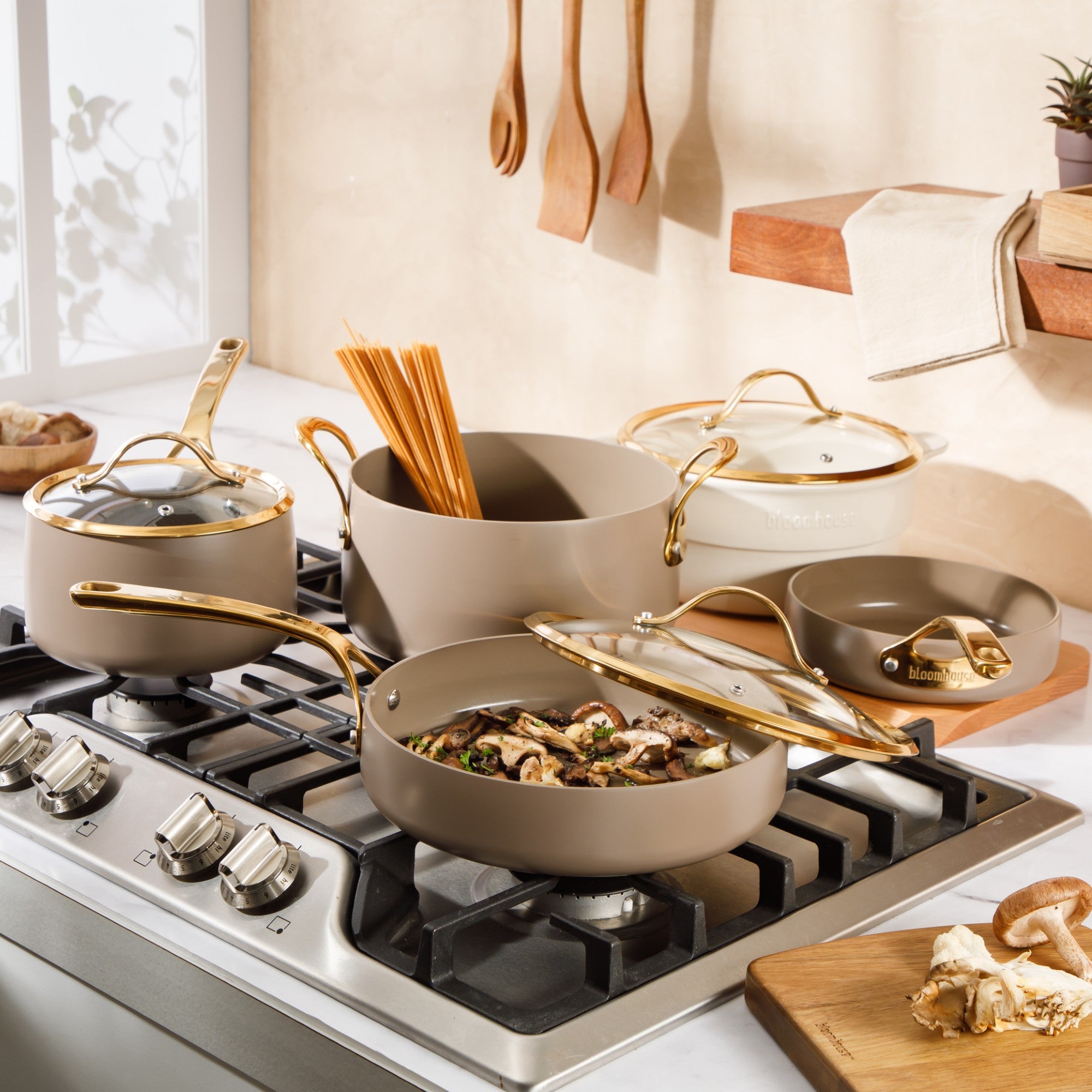 Bloomhouse 8 Piece Pots and Pans Heavy Duty Aluminum Premium PFA Free Ceramic Nonstick Dutch Oven Pot with Lid - Linen White with Gold Handle