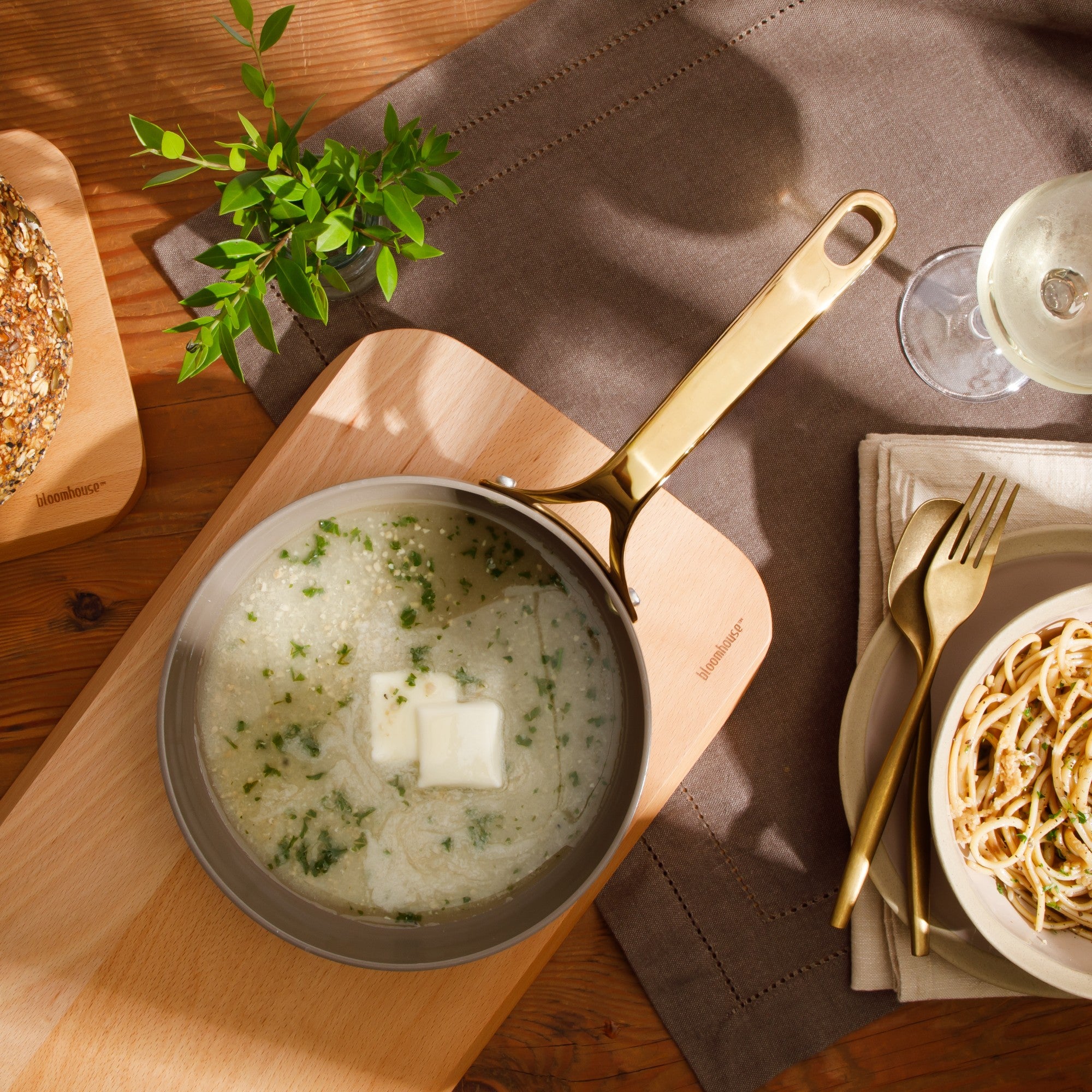 Bloomhouse 8 Inch Heavy Duty Aluminum Premium PFA Free Ceramic Nonstick Saute/Deep Frying Pan Skillet - Linen White with Gold Handle