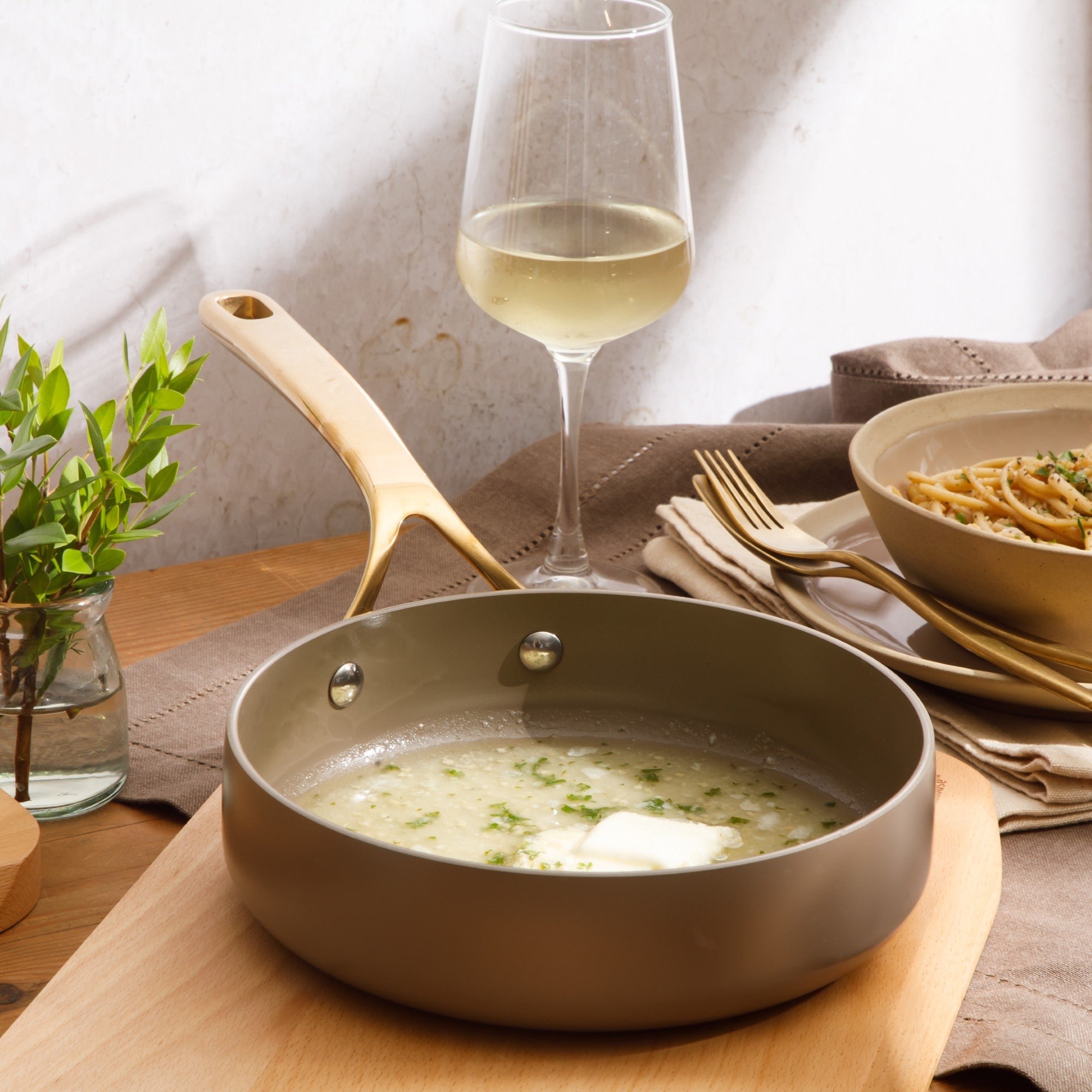 Bloomhouse 8 Inch Heavy Duty Aluminum Premium PFA Free Ceramic Nonstick Saute/Deep Frying Pan Skillet - Linen White with Gold Handle