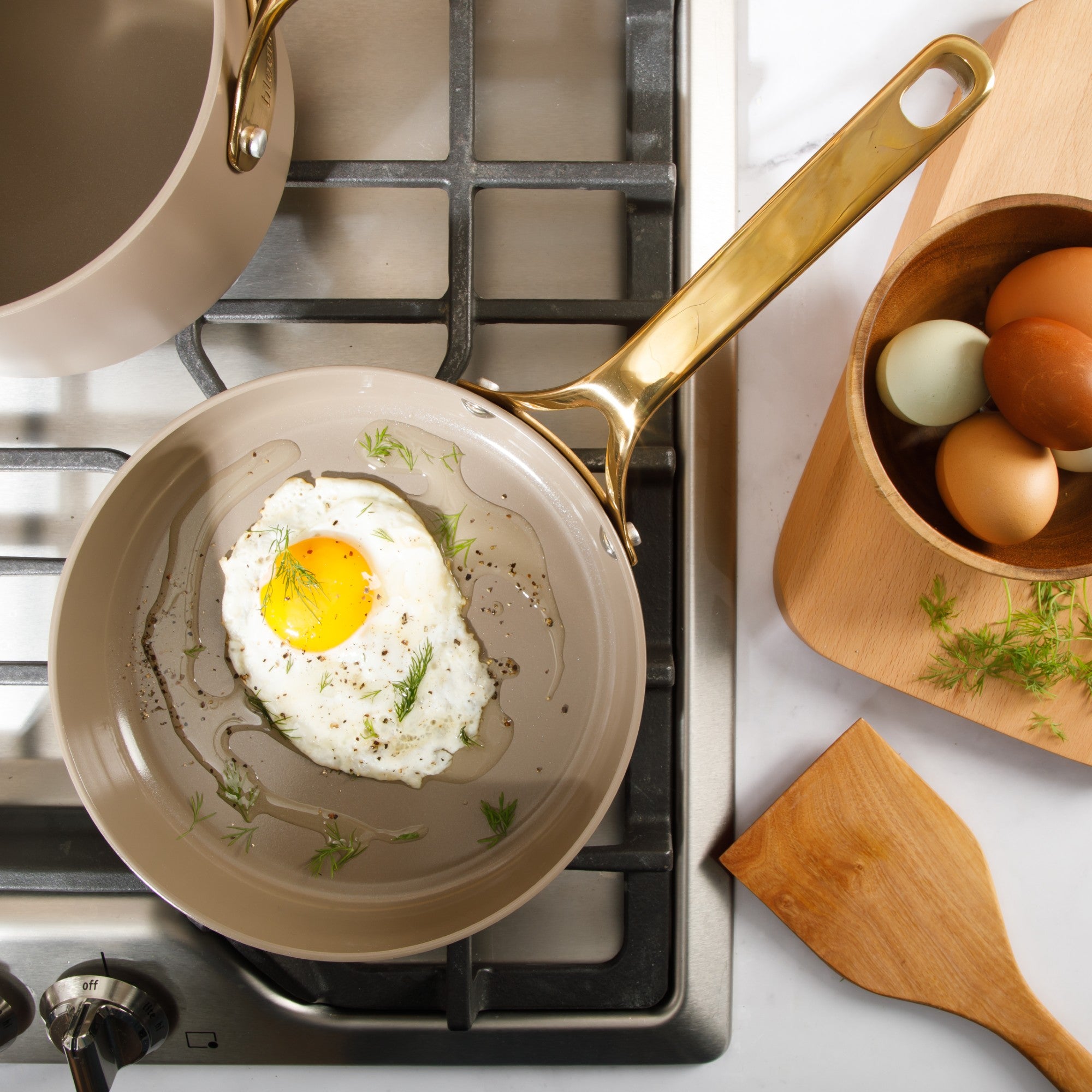 Bloomhouse 8 Inch Heavy Duty Aluminum Premium PFA Free Ceramic Nonstick Saute/Deep Frying Pan Skillet - Linen White with Gold Handle