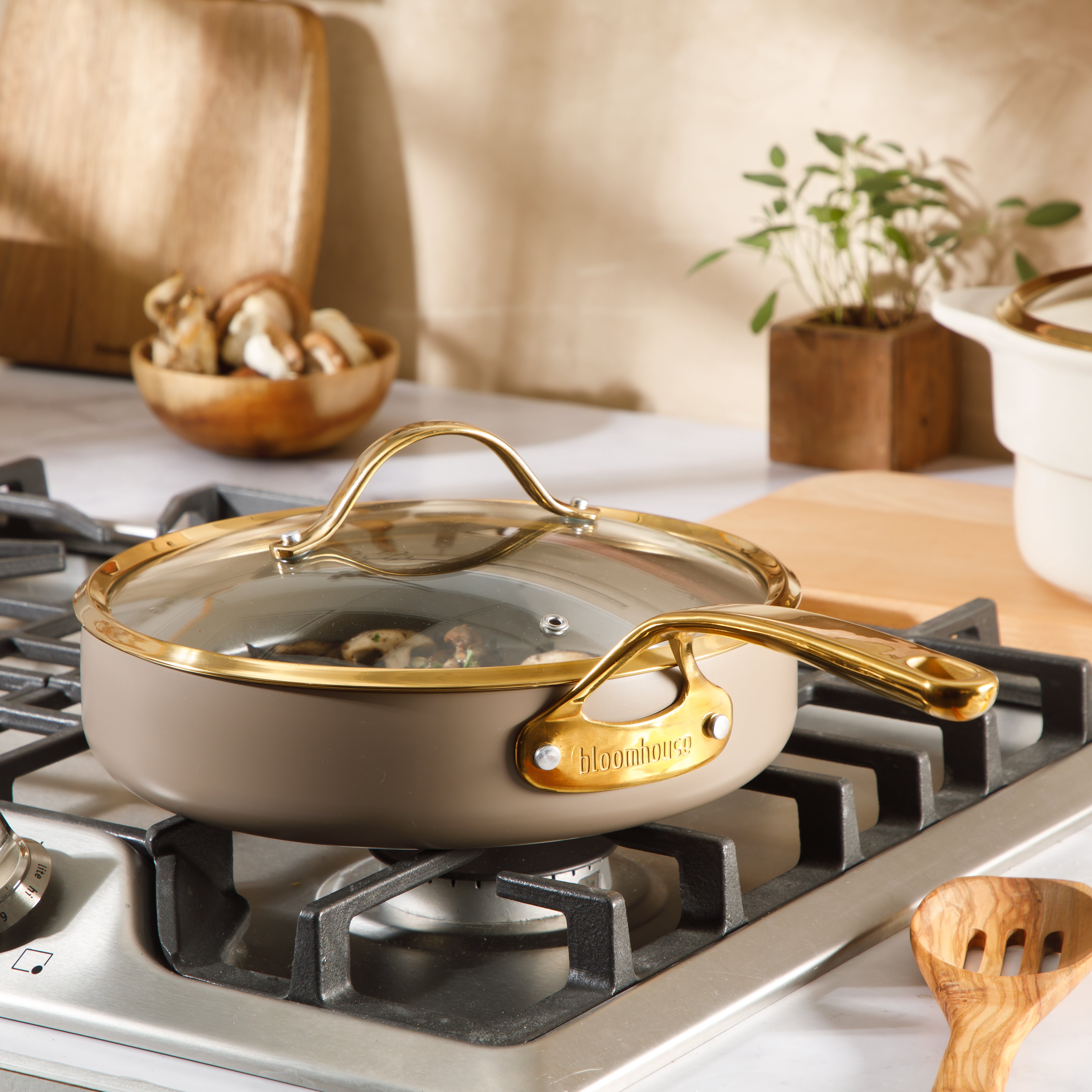 Bloomhouse 10 Inch Heavy Duty Aluminum Premium PFA Free Ceramic Nonstick Saute/Deep Frying Pan Skillet with Lid - Linen White with Gold Handle