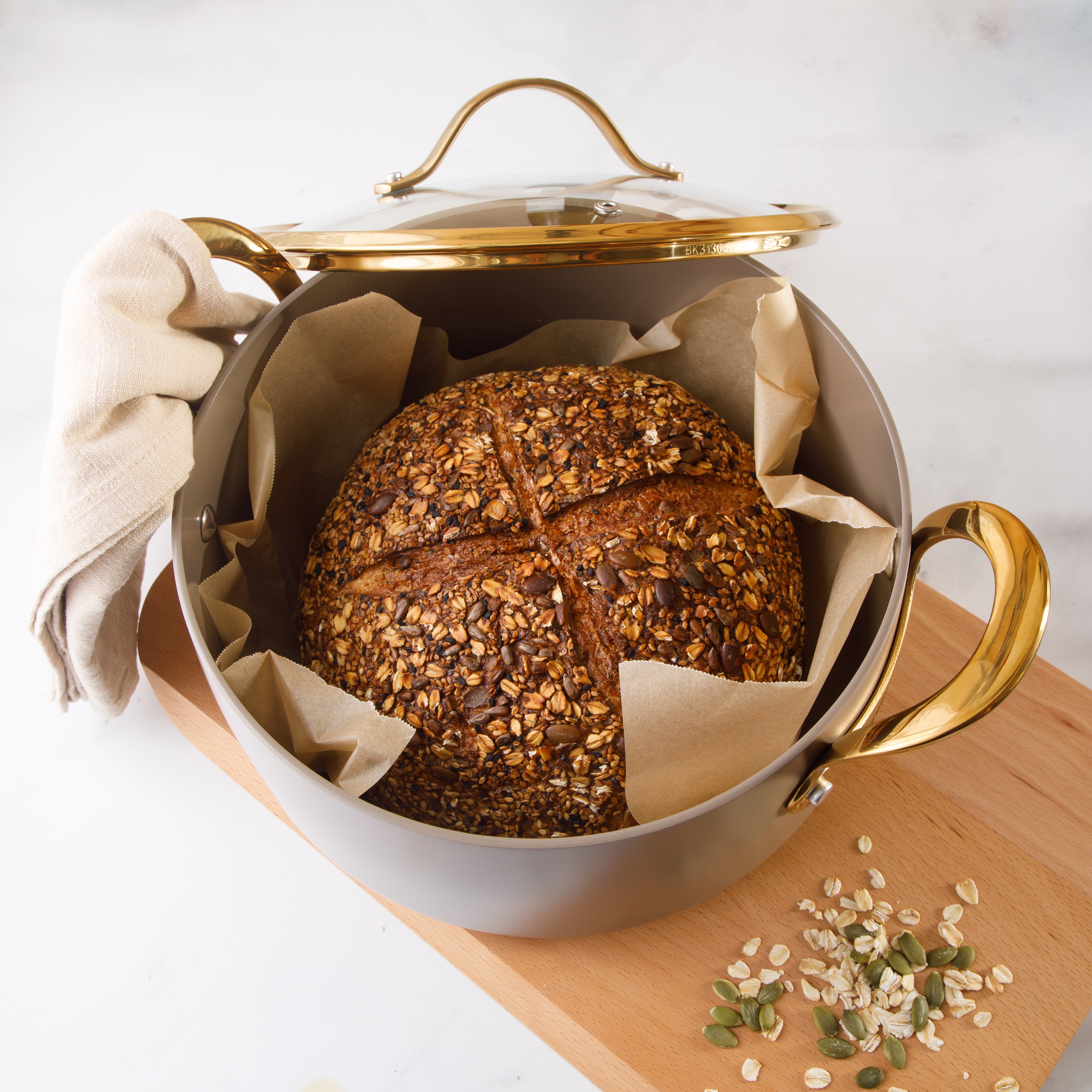 Bloomhouse 6 Quart Heavy Duty Aluminum Premium PFA Free Ceramic Nonstick Dutch Oven Pot with Lid - Linen White with Gold Handle