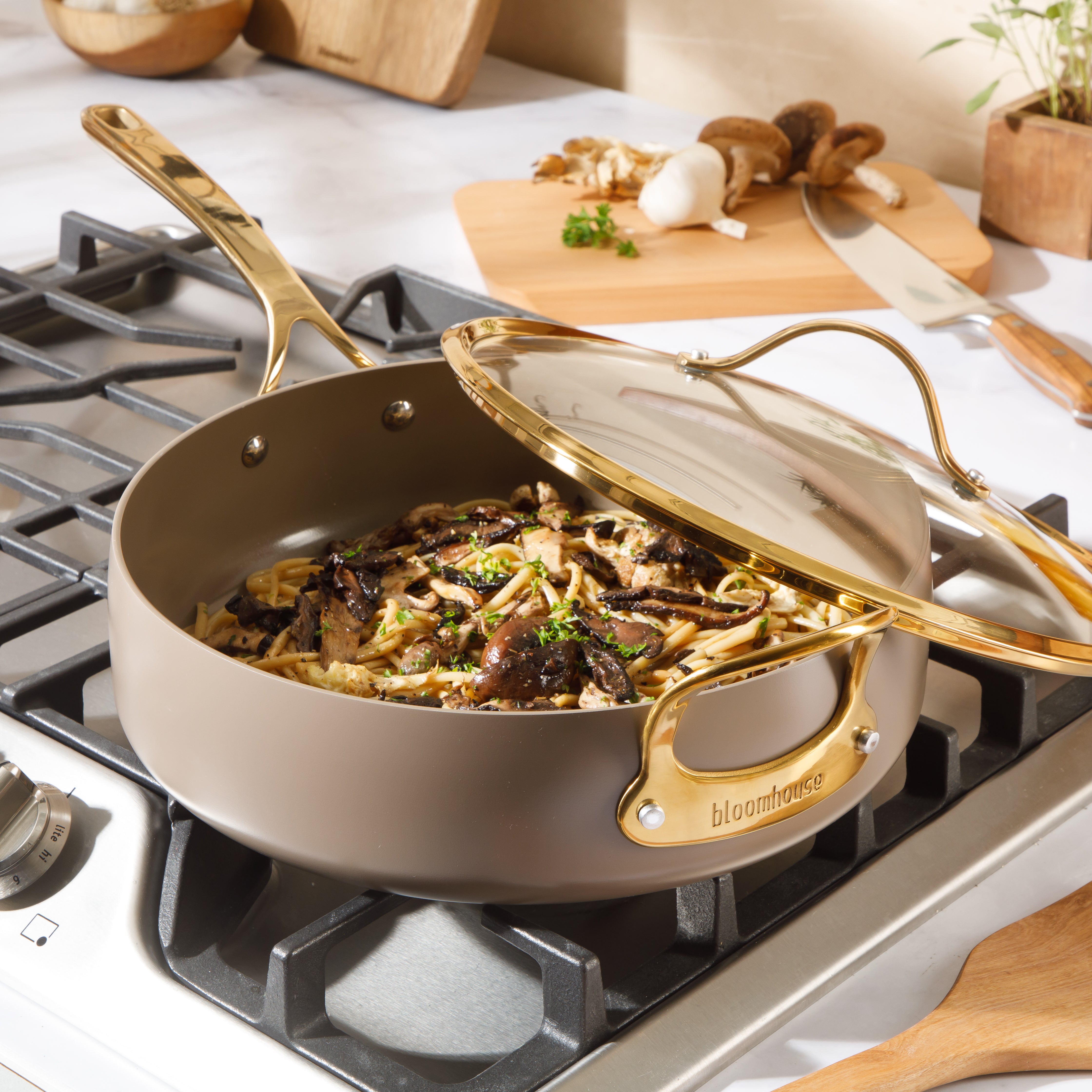 Bloomhouse  6 QT Heavy Duty Aluminum Premium PFA Free Ceramic Nonstick Saute/Deep Frying Pan Skillet with Lid - Linen White with Gold Handle