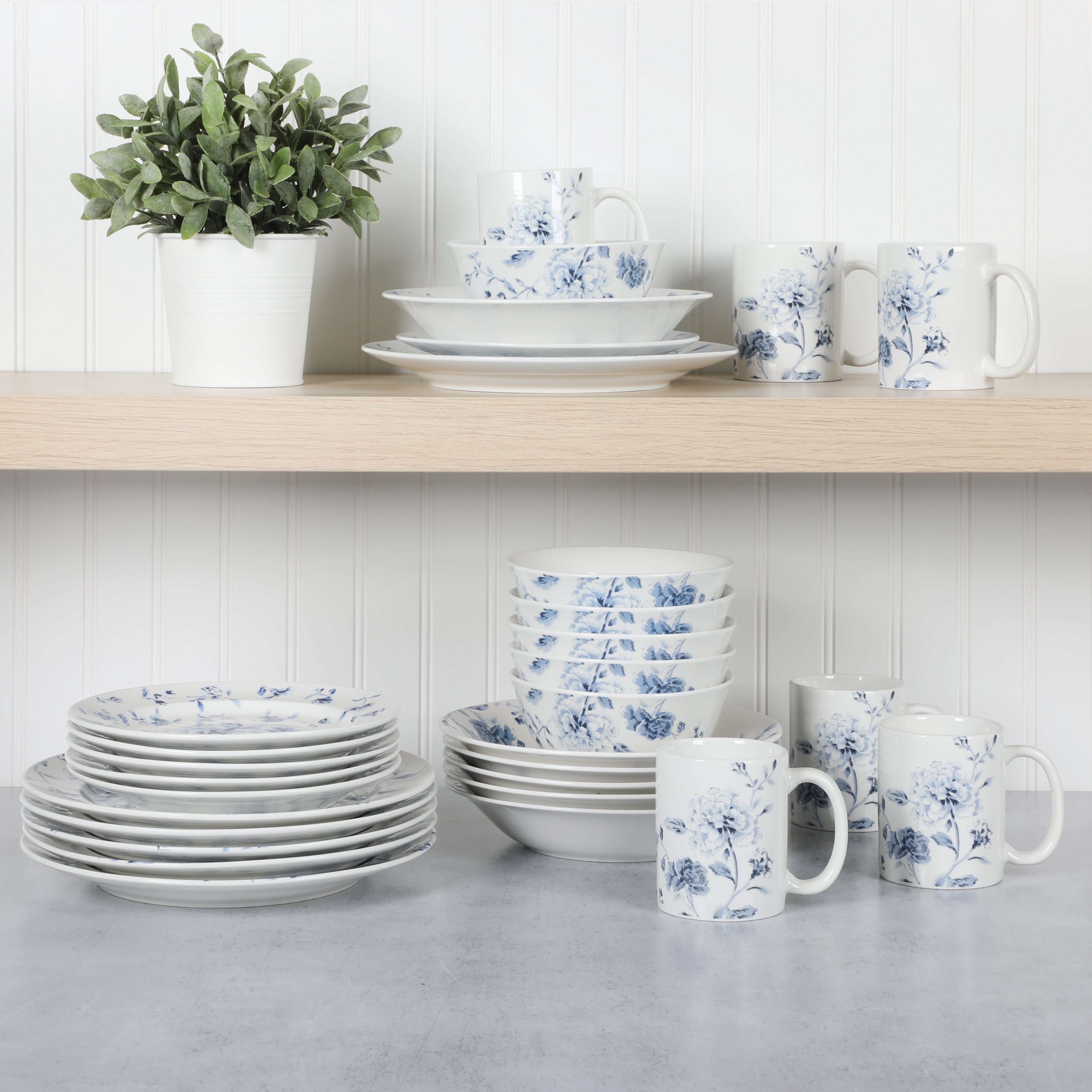Martha Stewart Empress Bouquet 30-Piece Decorated Porcelain Dinnerware Plates and Bowls Set - Blue Floral