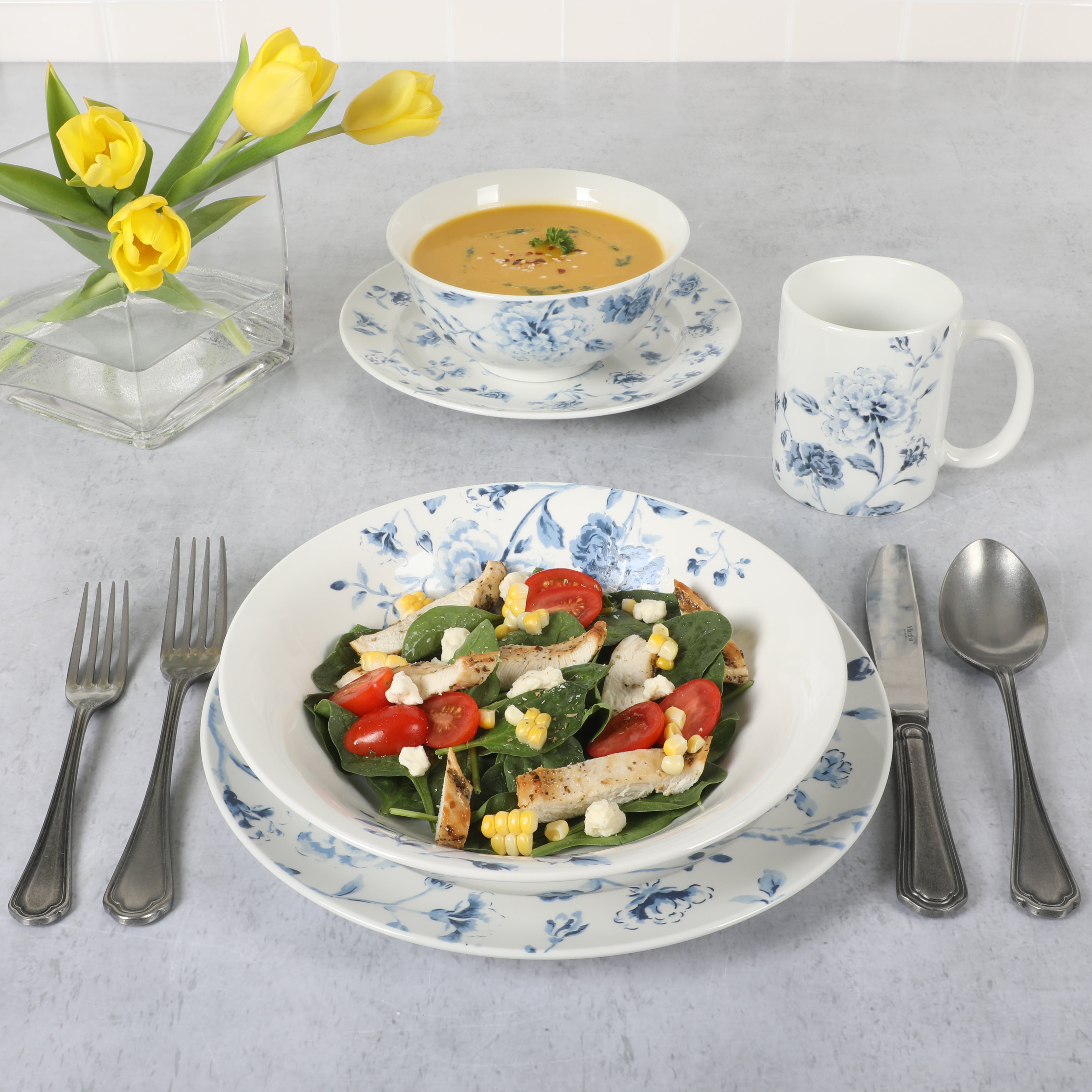 Martha Stewart Empress Bouquet 30-Piece Decorated Porcelain Dinnerware Plates and Bowls Set - Blue Floral