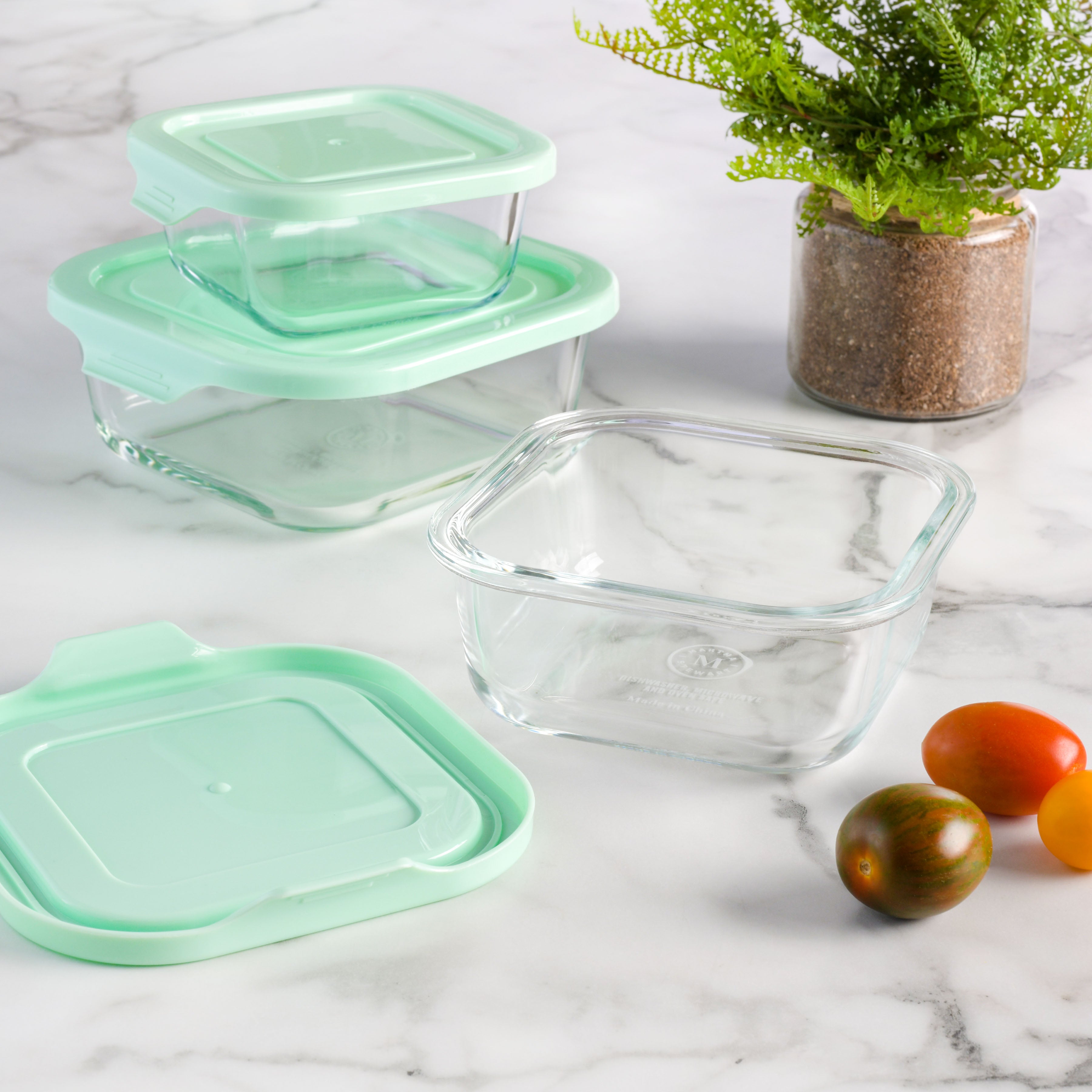 square plastic containers for plants Martha Stewart Hadsell 6-Piece (27oz, 17.6oz, 10.8oz) Borosilicate Glass Square Storage Container Set w/ Lids