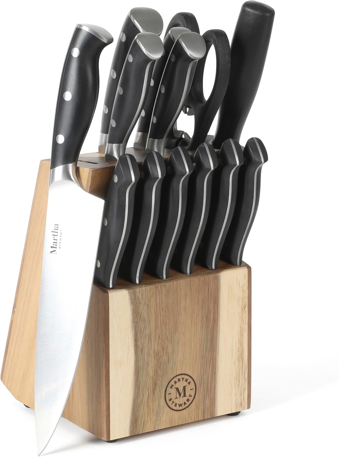 Martha Stewart 16 Piece Lockton High Carbob Stainless Steel Cutlery Kitchen Knife Block Set W/ ABS Tripe Riveted Forged Handle Acacia Wood Block