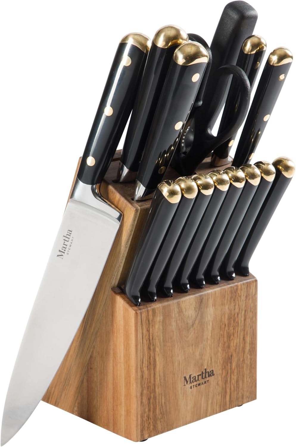 Martha Stewart 16 Piece Lockton High Carbob Stainless Steel Cutlery Kitchen Knife Block Set W/ ABS Tripe Riveted Forged Handle Acacia Wood Block