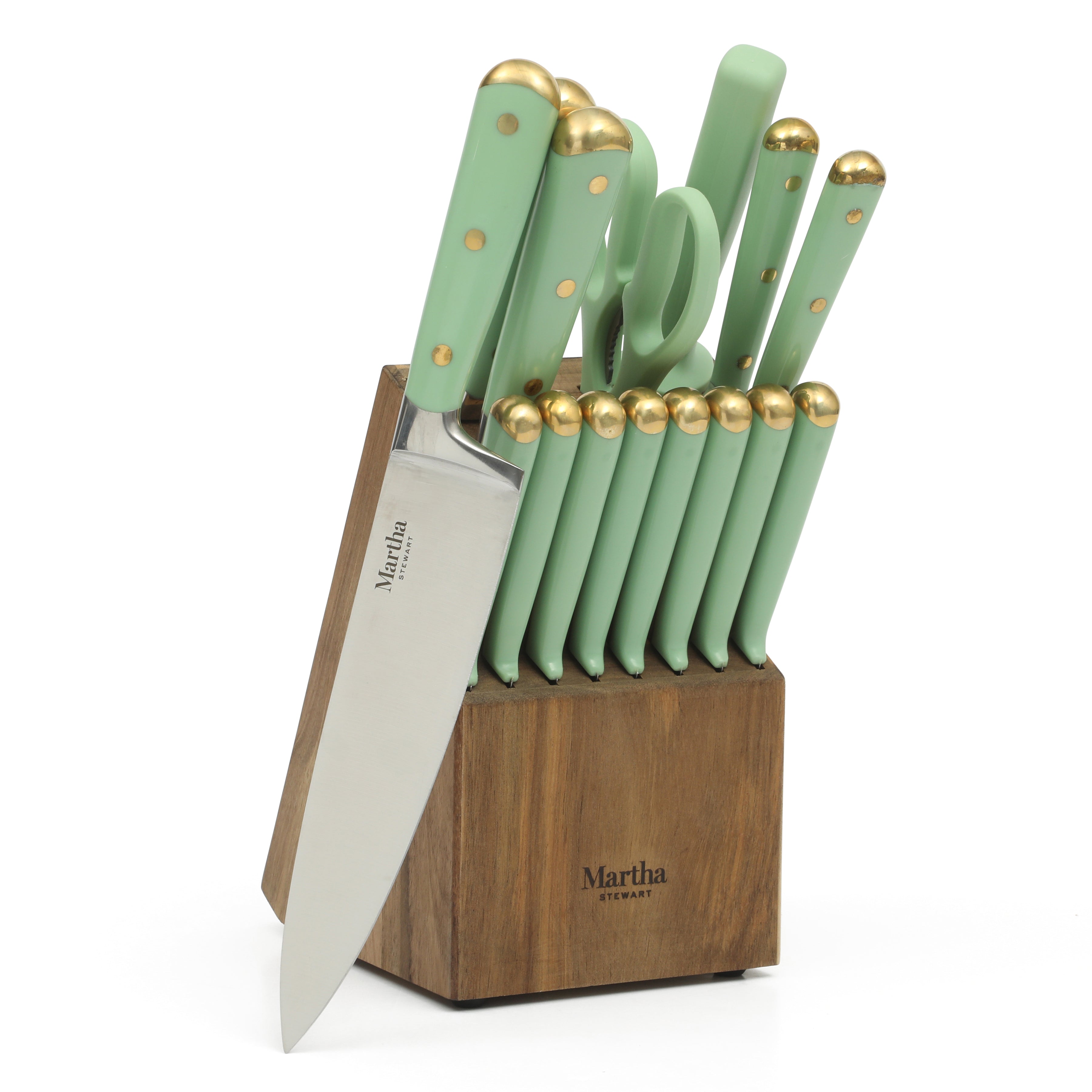 Martha Stewart 16 Piece Lockton High Carbob Stainless Steel Cutlery Kitchen Knife Block Set W/ ABS Tripe Riveted Forged Handle Acacia Wood Block