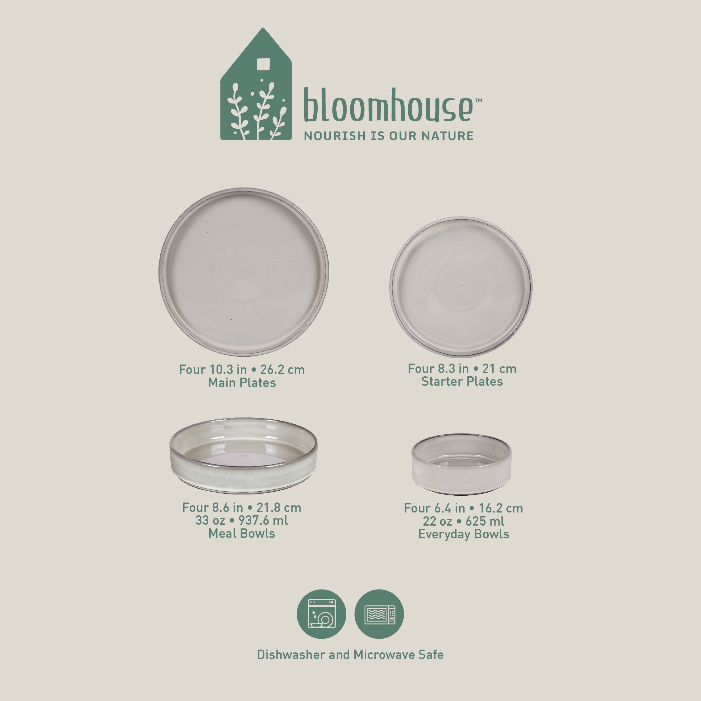 Bloomhouse Santorini Mist 16 Piece Double Bowl Terracotta Reactive Glaze Plates and Bowls Dinnerware Set - Moonstone White, Amber, Garnet Red, or Jade