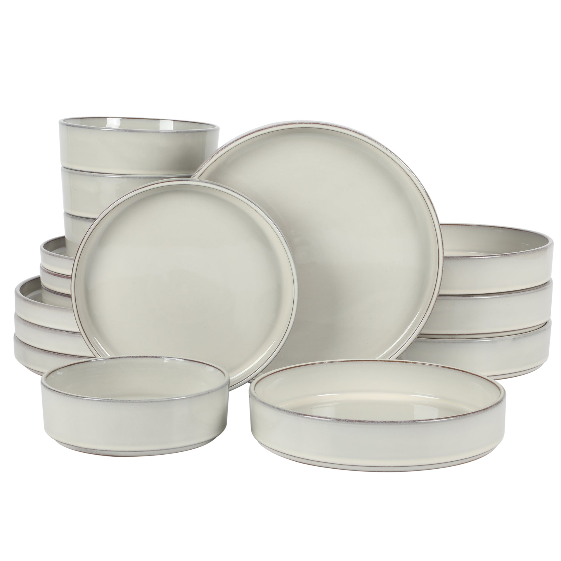 Bloomhouse Santorini Mist 16 Piece Double Bowl Terracotta Reactive Glaze Plates and Bowls Dinnerware Set - Moonstone White, Amber, Garnet Red, or Jade - Moonstone White