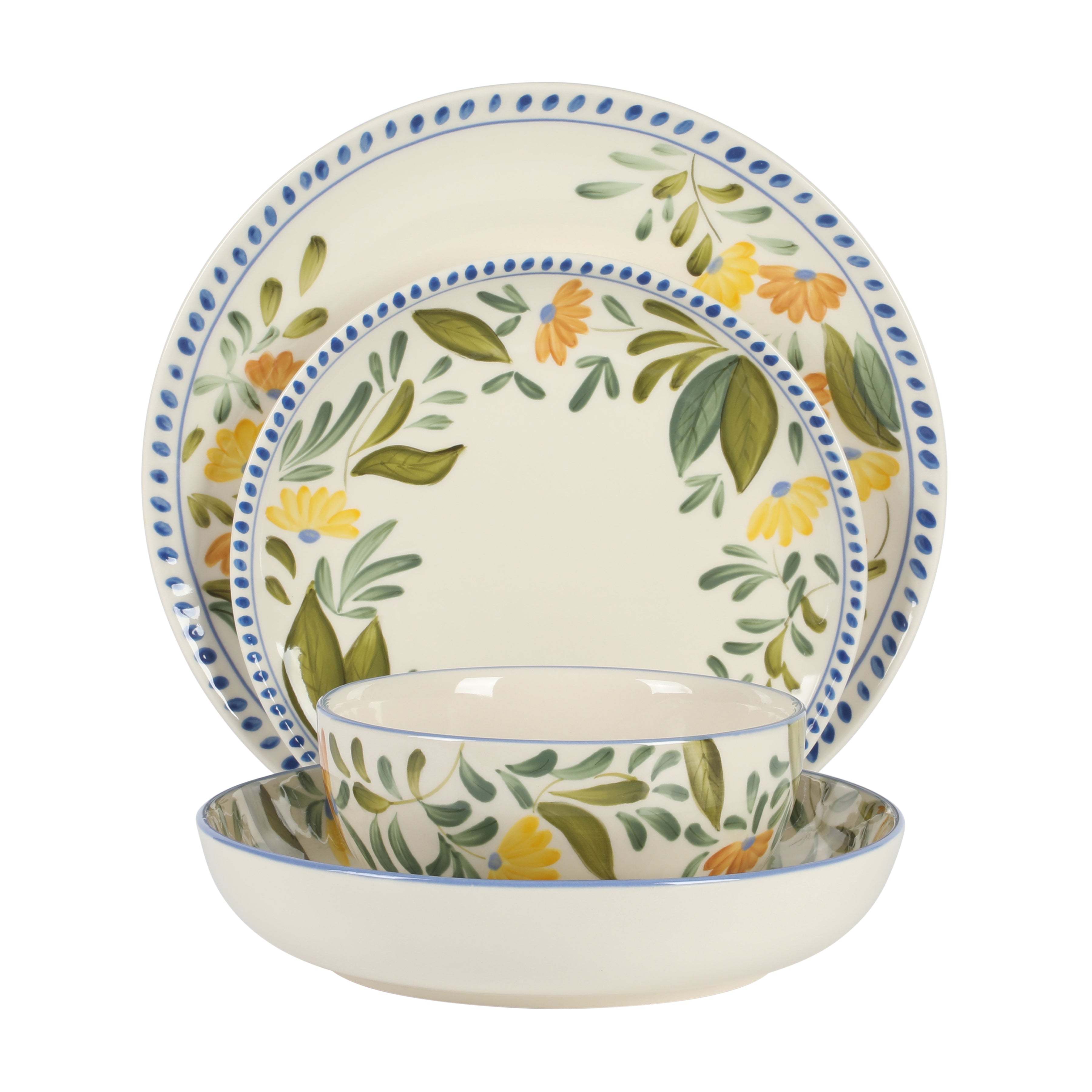 Bloomhouse Posy Blossom 16 Piece Double Bowl Hand Painted Stoneware Pl