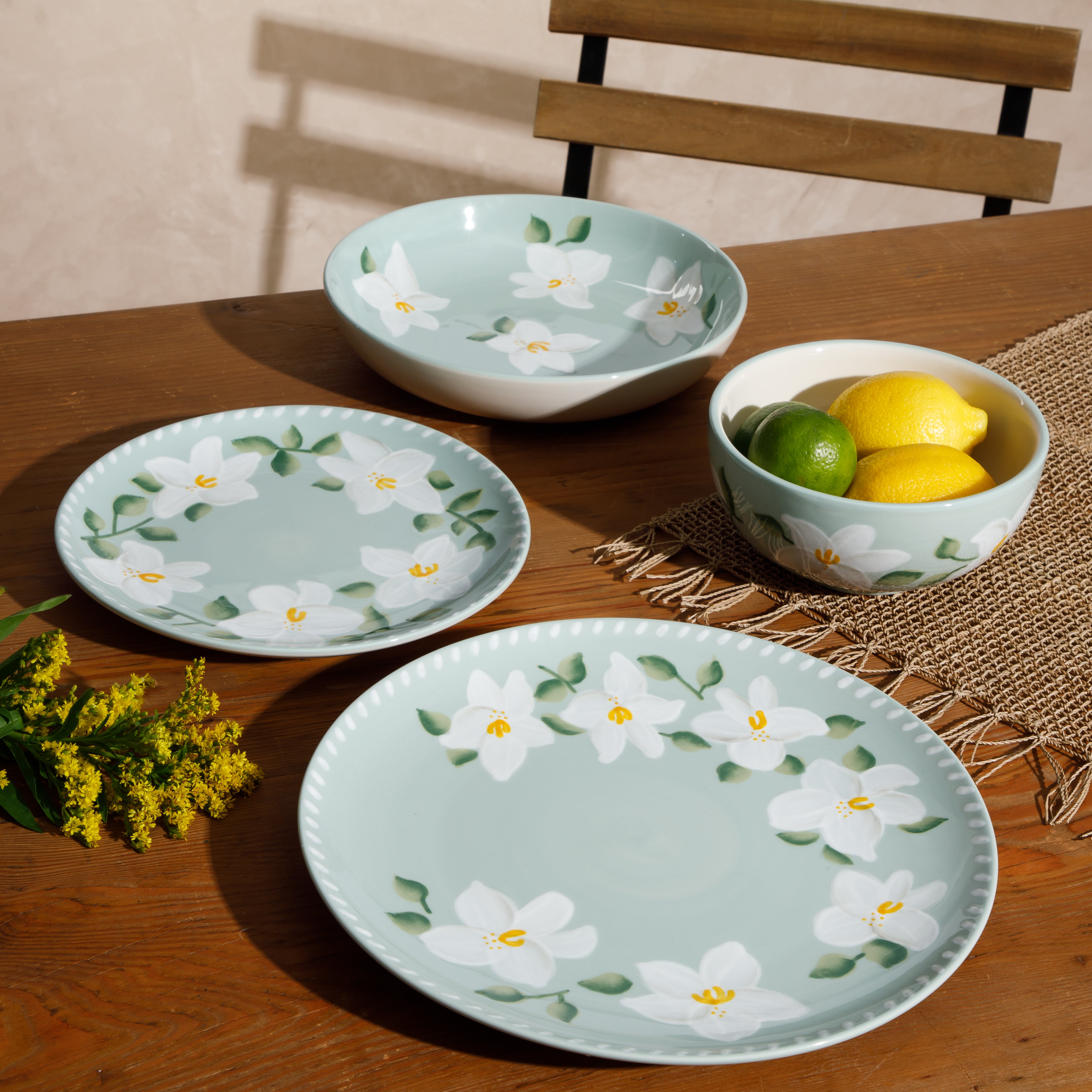 Bloomhouse Magnolia Bloom 16 Piece Double Bowl Hand Painted Stoneware Plates and Bowls Floral Dinnerware Set