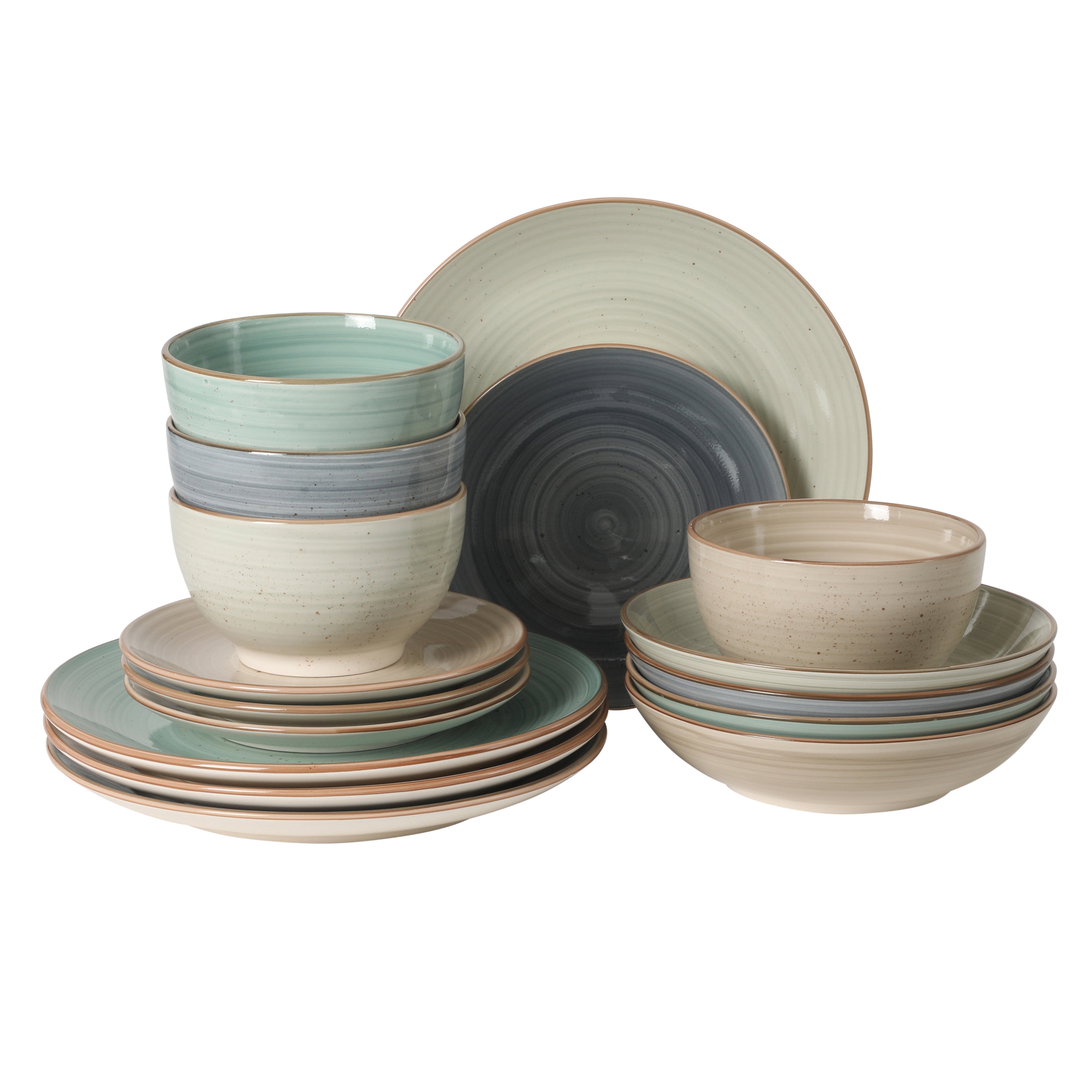 Gibson Home Stonebury 16 Piece Plates and Bowls Assorted Color Dishes - Handpainted Stoneware Dinnerware Set - Service for 4