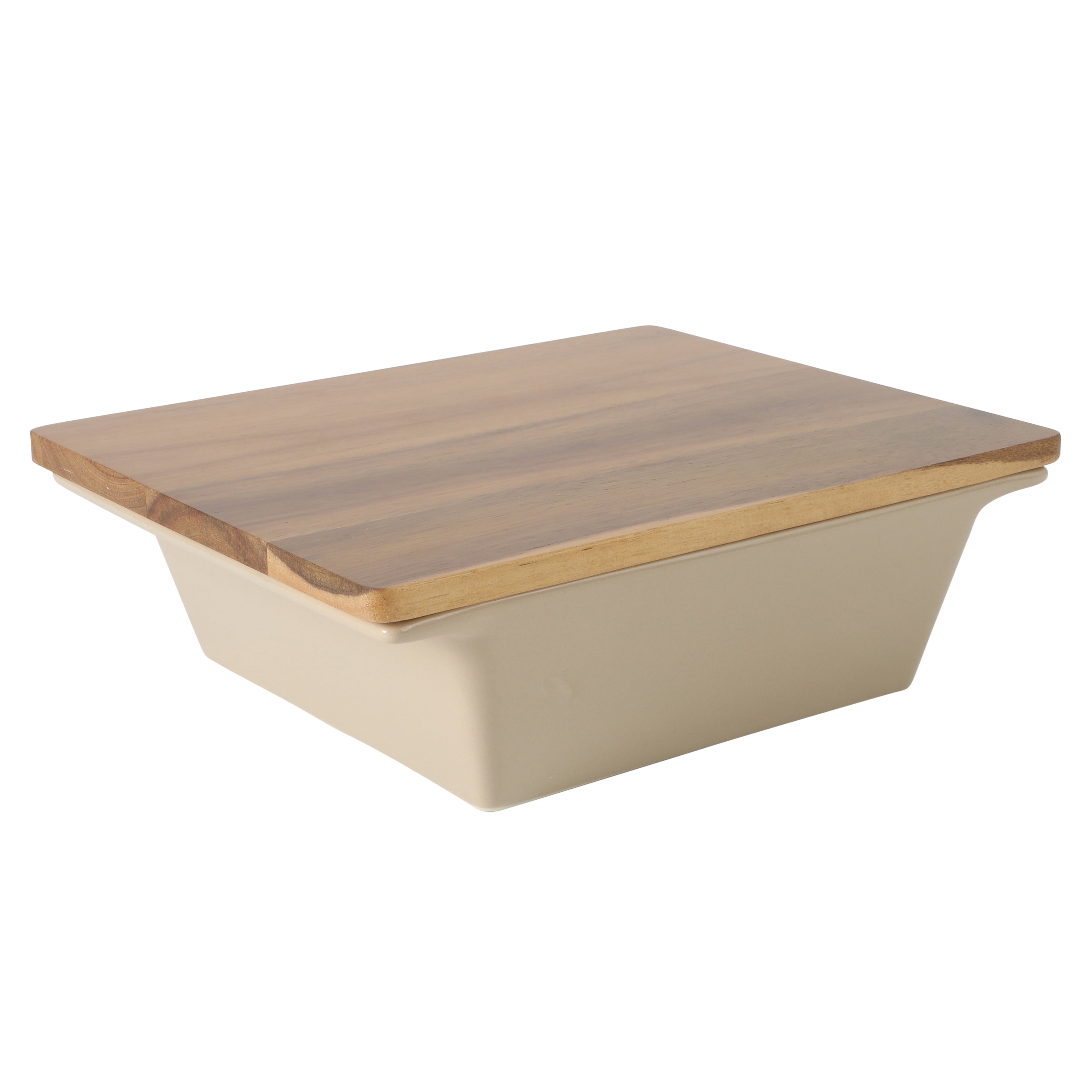 Gibson Elite 2-Quart 10" x 8.5" Stoneware Baking Dish with Acacia Wood Lid – Taupe Rectangular Oven Safe Baker for Casseroles, Roasting & Serving
