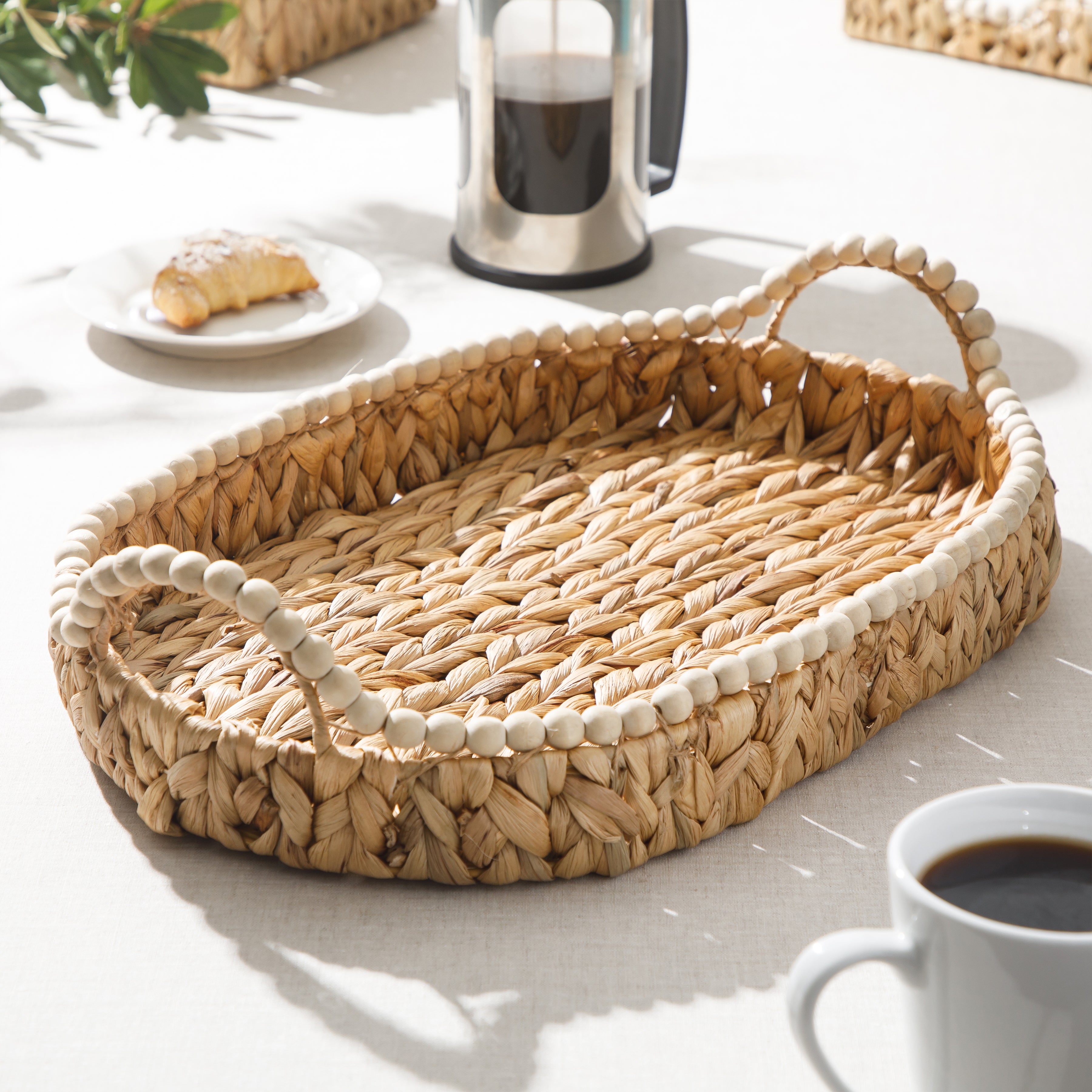 Gibson Home Riverrun Grove 17" Woven Decorative Serving Tray – Large Natural Water Hyacinth Basket w/ Wood-Bead Trim & Handles for Coffee Table Décor, Ottomans, Centerpieces & Kitchen Counter Display