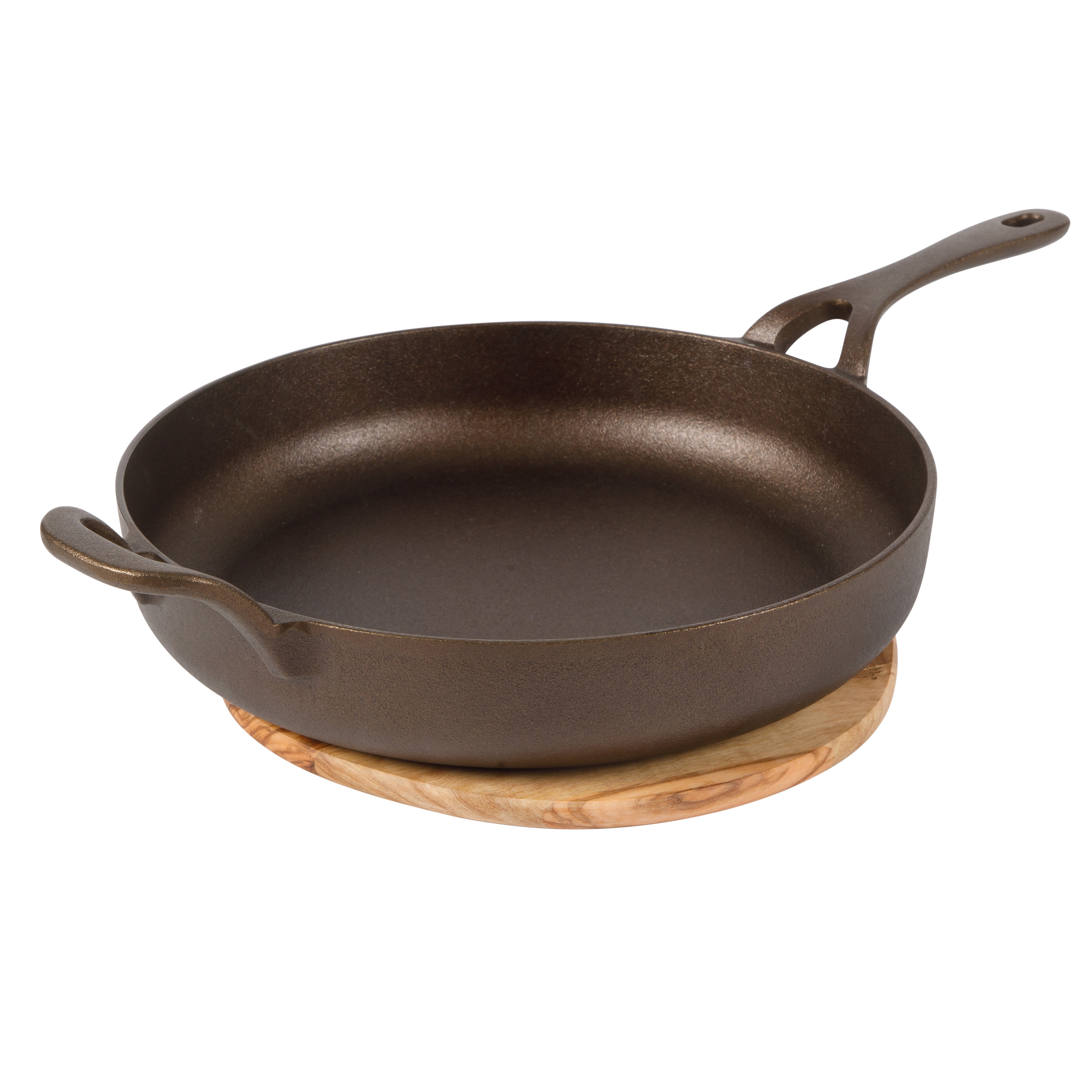 Bloomhouse Natural Bronze Finish Cast Iron Skillet with Long Handle, Helper Handle & Olive Wood Trivet – Olive Oil Treated Fry Pan, Oven & Stovetop Safe