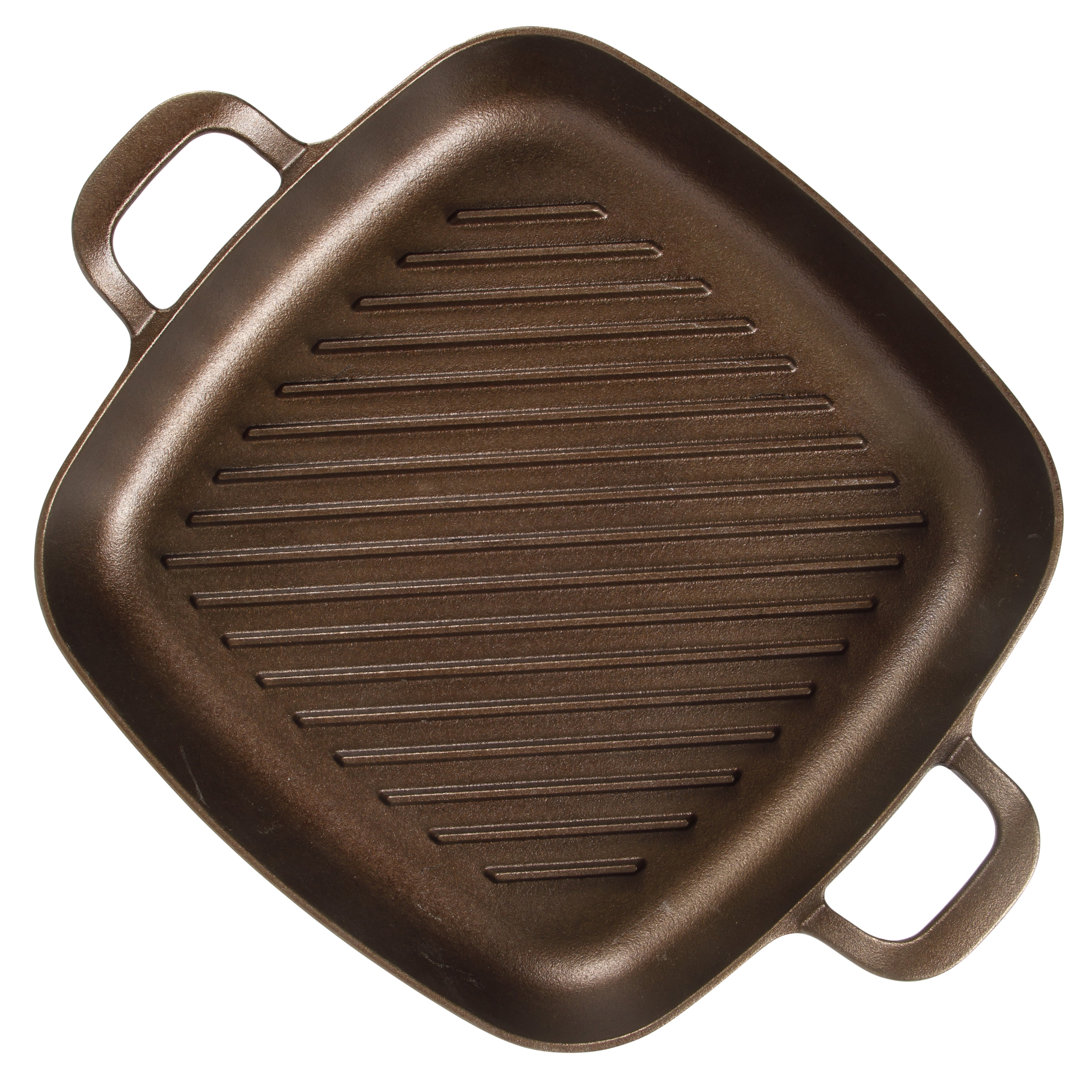 Bloomhouse Natural Bronze Finish 12-Inch Square Cast Iron Grill Pan – Olive Oil Treated Surface with Dual Handles & Olive Wood Trivet, Oven, Grill & Campfire Safe