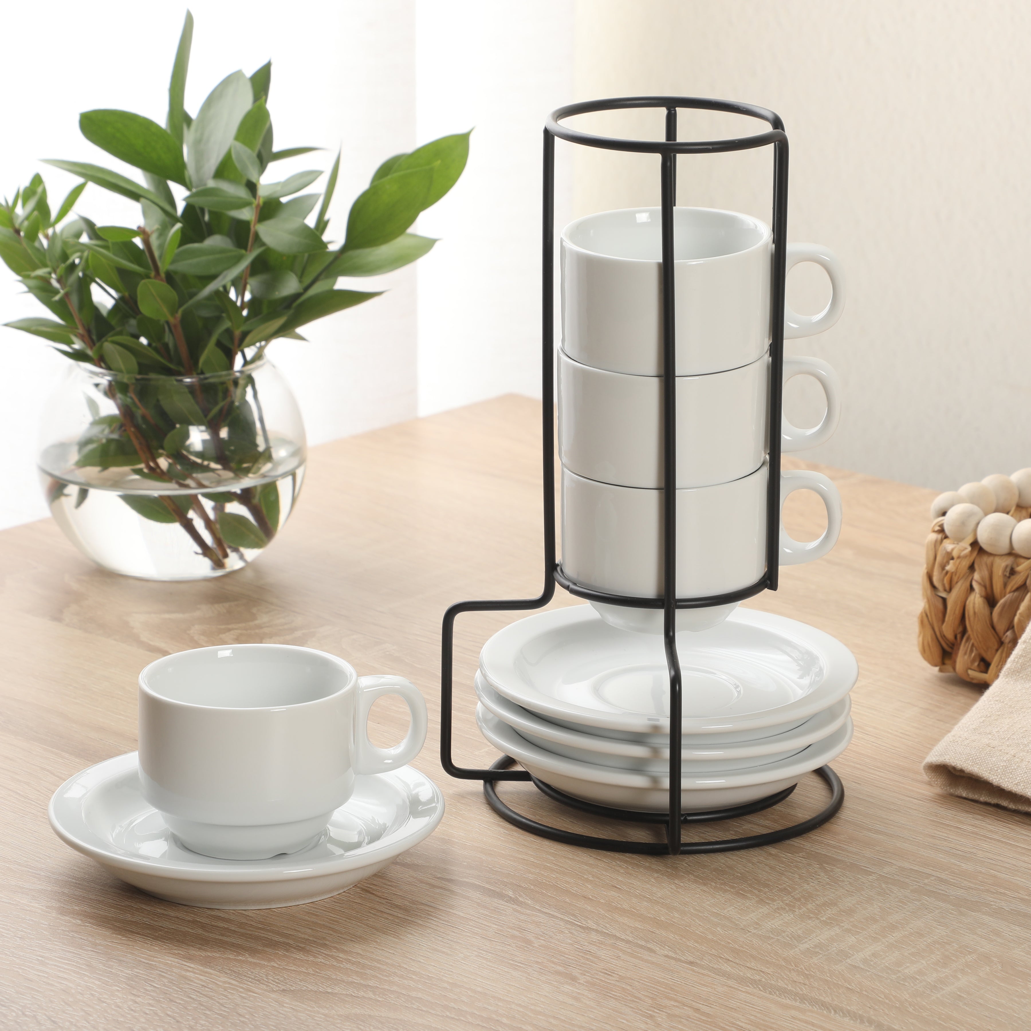 Gibson Home Gracious Dining 3-Ounce Espresso Cups Set of 4, Small Stackable Coffee Cups with 4 Saucers, Metal Stand, Ceramic Demitasse Mugs, Espresso Accessories for Machine