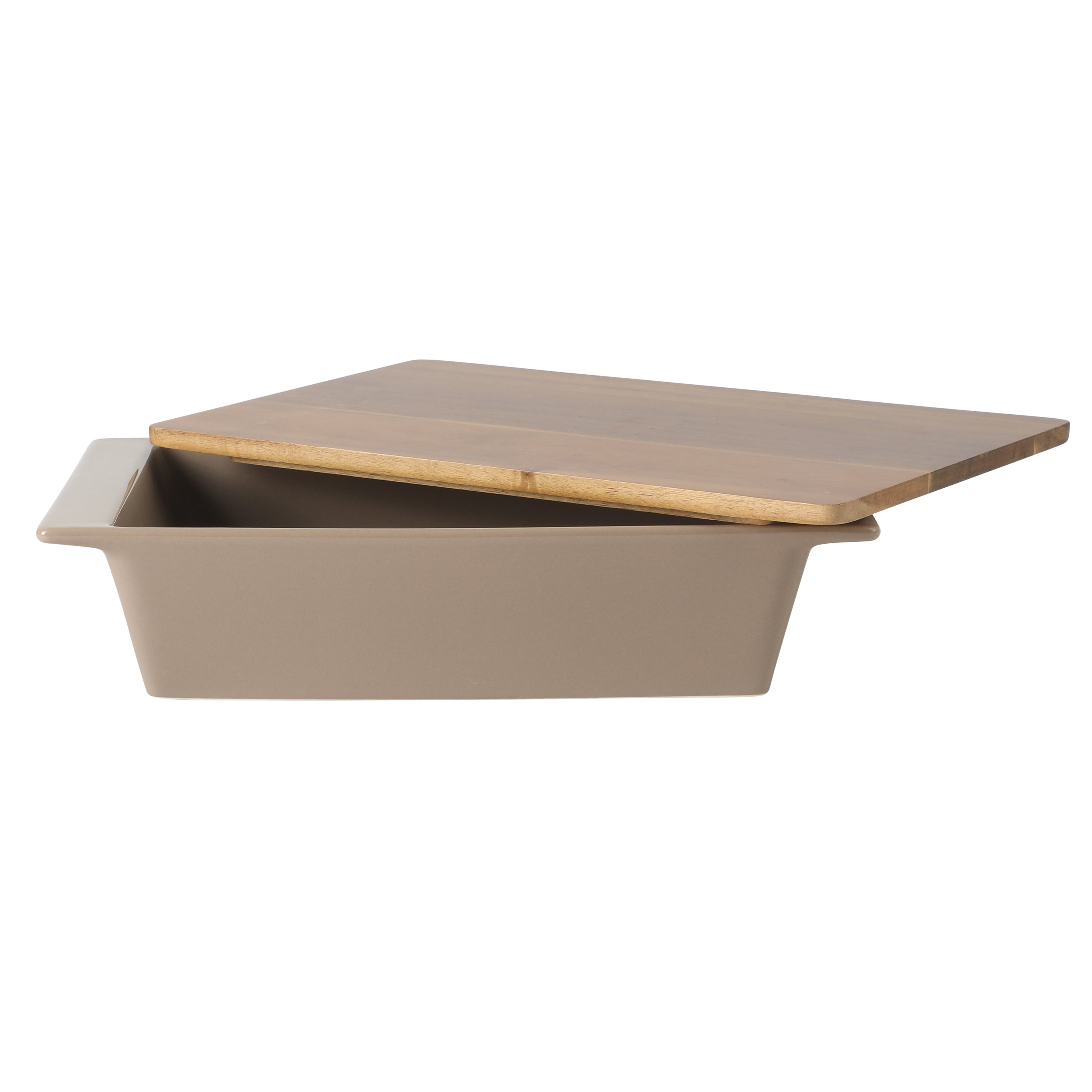 Gibson Elite 2.75-Quart 13.5" x 8.5" Stoneware Baking Dish with Acacia Wood Lid – Taupe Rectangular Oven Safe Baker for Casseroles, Roasting & Serving