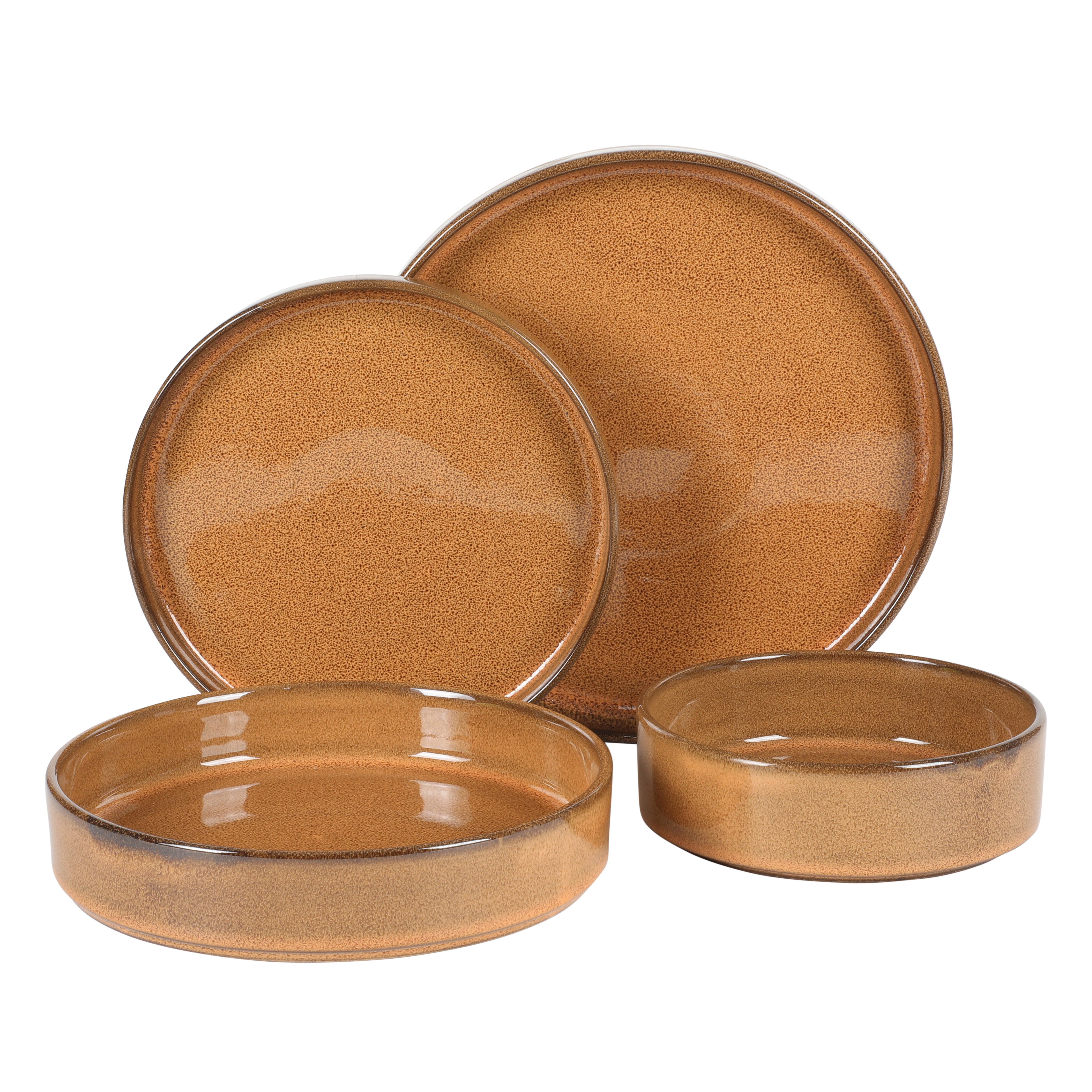 Bloomhouse Santorini Mist 16 Piece Double Bowl Terracotta Reactive Glaze Plates and Bowls Dinnerware Set - Moonstone White, Amber, Garnet Red, or Jade