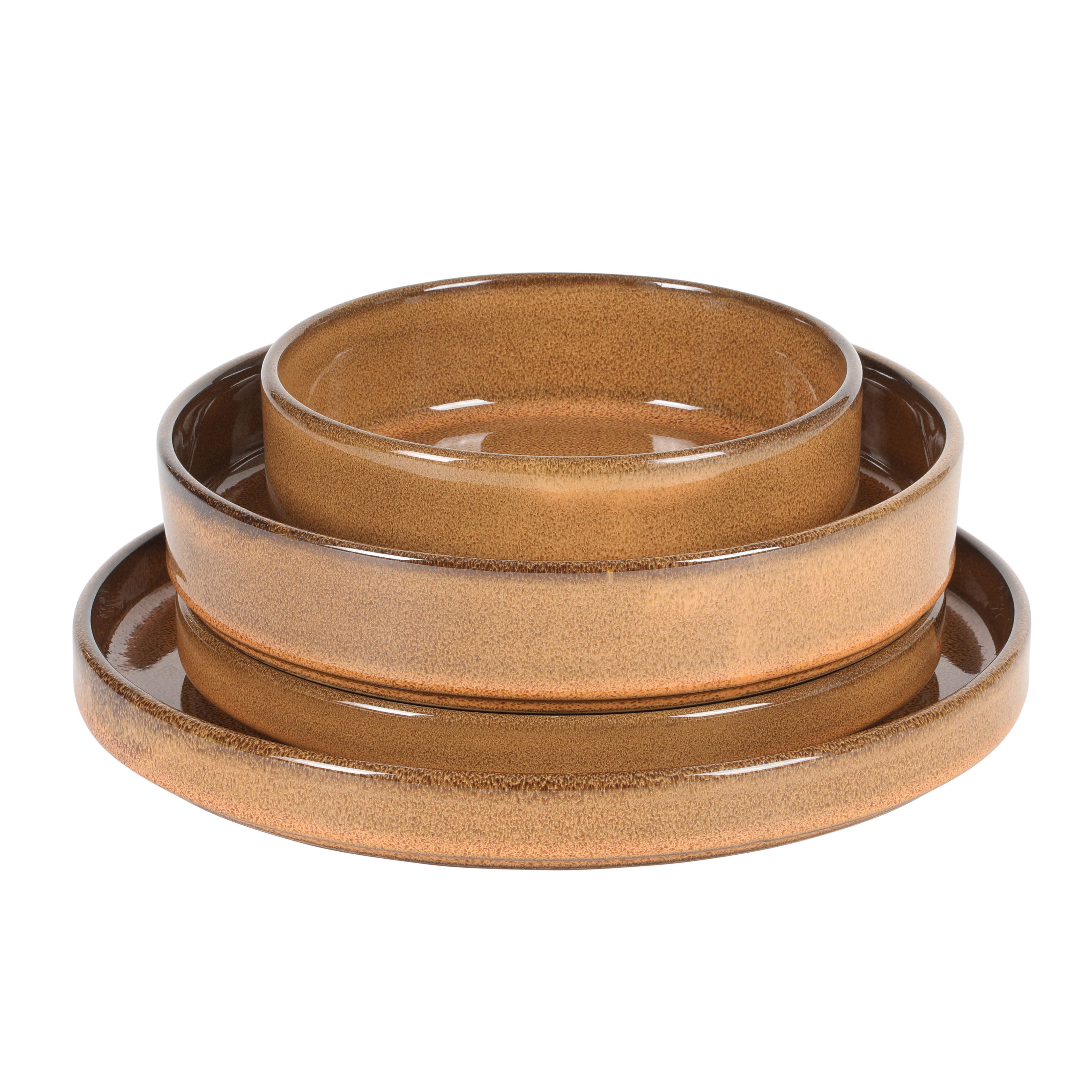 Bloomhouse Santorini Mist 16 Piece Double Bowl Terracotta Reactive Glaze Plates and Bowls Dinnerware Set - Moonstone White, Amber, Garnet Red, or Jade