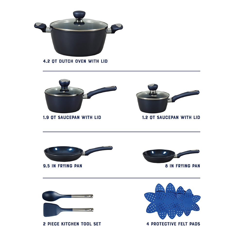 Oster Hawke 14 Piece Aluminum Premium PFA Free Ceramic Nonstick Blue Saphirre Pots and Pans Cookware Set W/ Induction Base