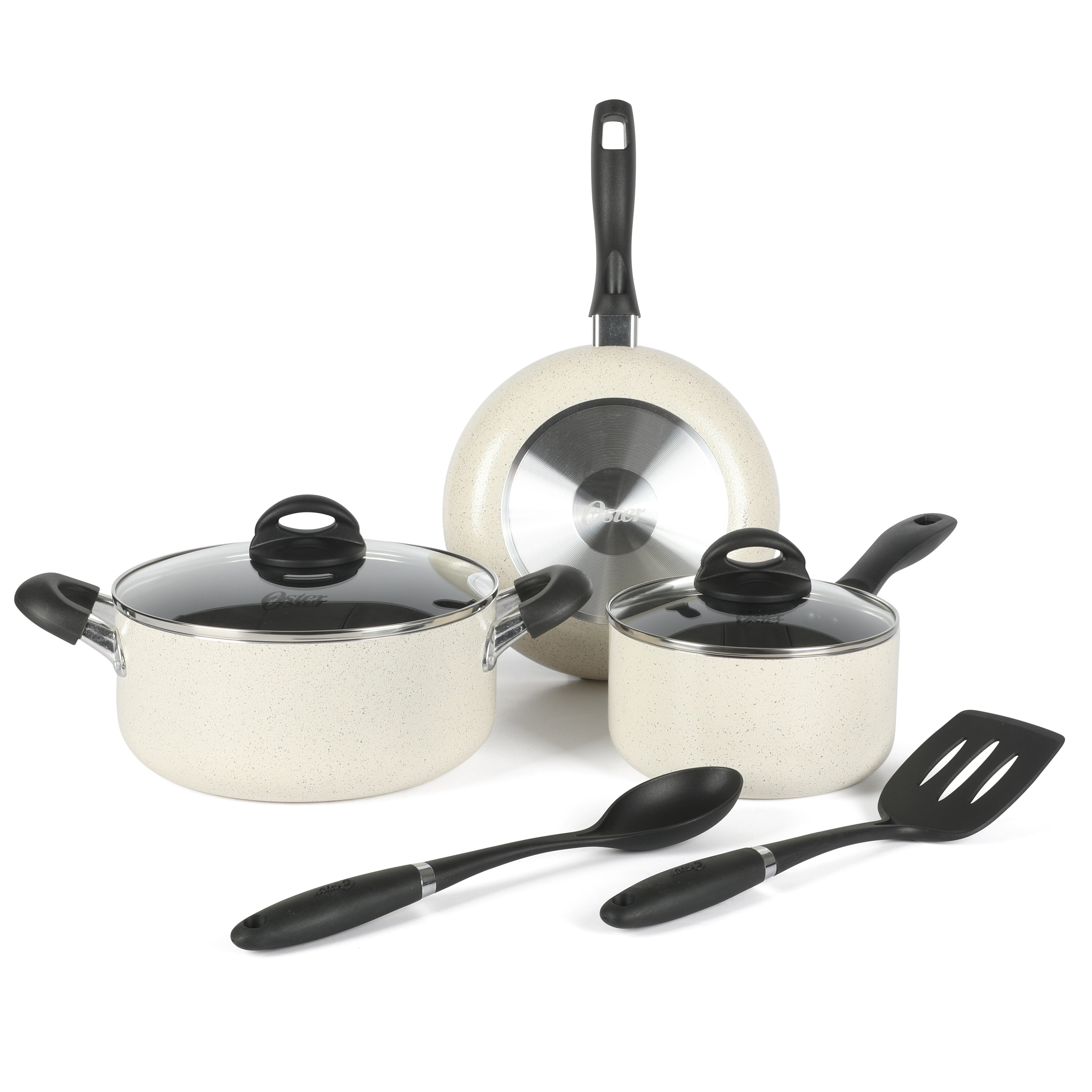 Oster Clairborne 7-Piece Aluminum Premium Nonstick Pots and Pans Cookware Set w/ Induction & Bakelite Stay Cool Handle - White w/ Speckle