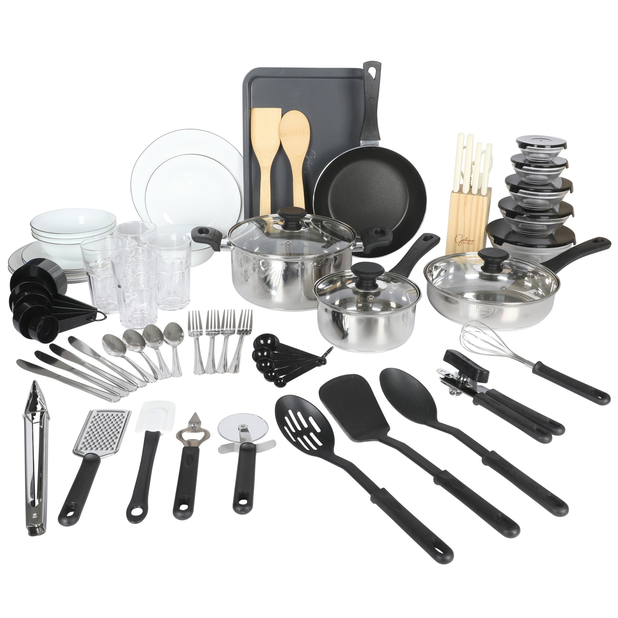 Gibson Home 74 Piece Kitchen in a Box Pots and Pans Cookware, Plates and Bowls Dinnerware, Cutlery Knife Block, Flatware Utensils, Kitchen Tools & Gadgets, Kitchen Storage, Glasses Set