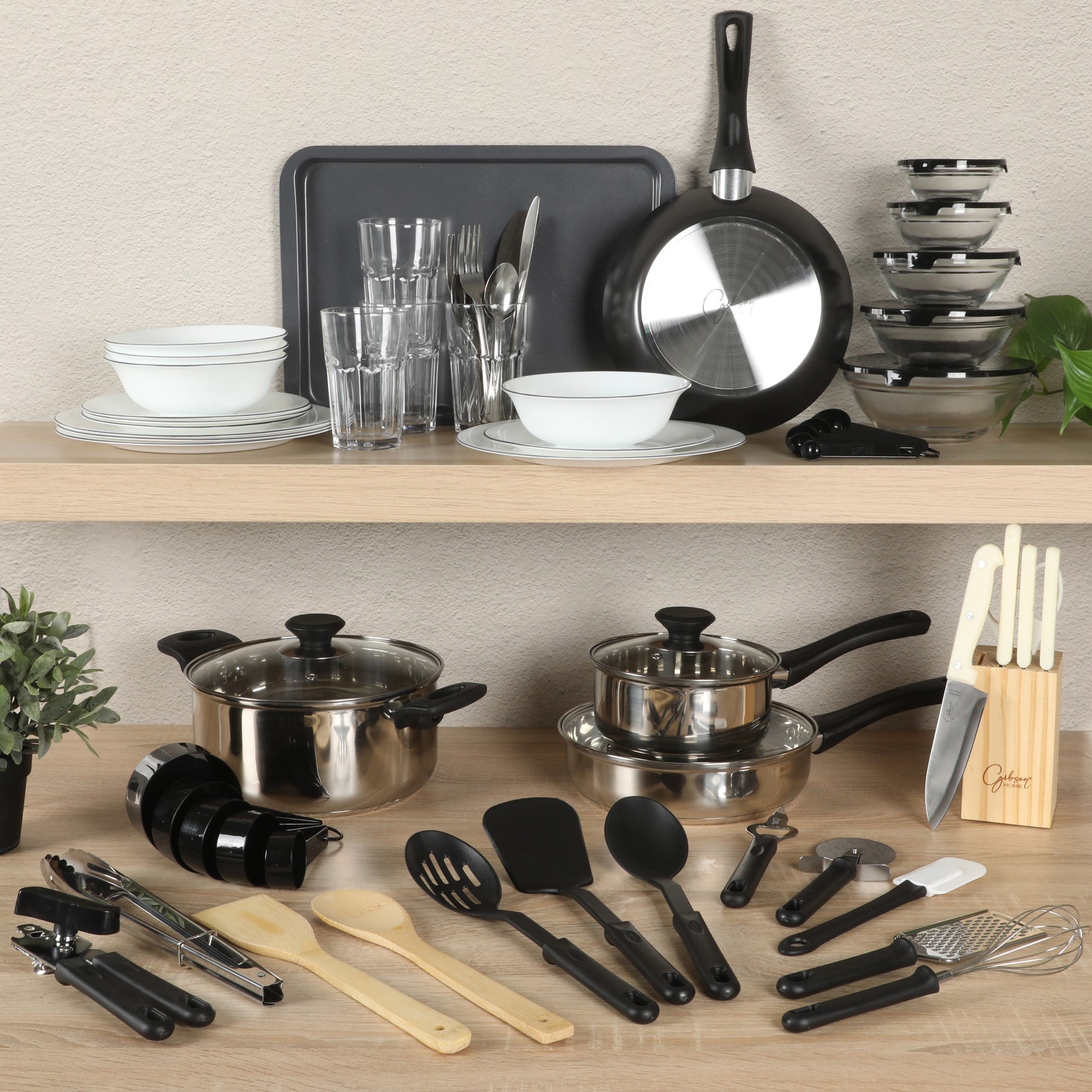 Gibson Home 74 Piece Kitchen in a Box Pots and Pans Cookware, Plates and Bowls Dinnerware, Cutlery Knife Block, Flatware Utensils, Kitchen Tools & Gadgets, Kitchen Storage, Glasses Set