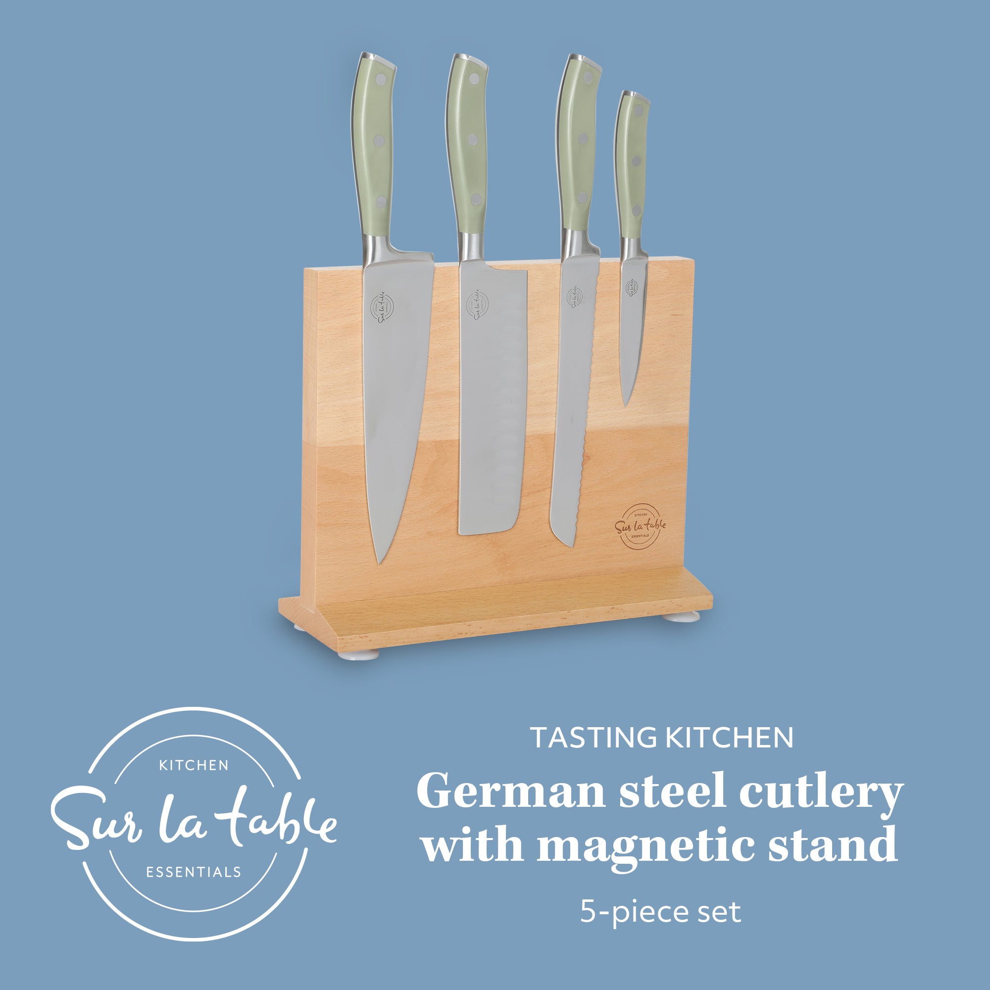 Sur La Table Tasting Kitchen 5-Piece Cutlery Set With Triple Riveted Handle on Beechwood Magnetic Block