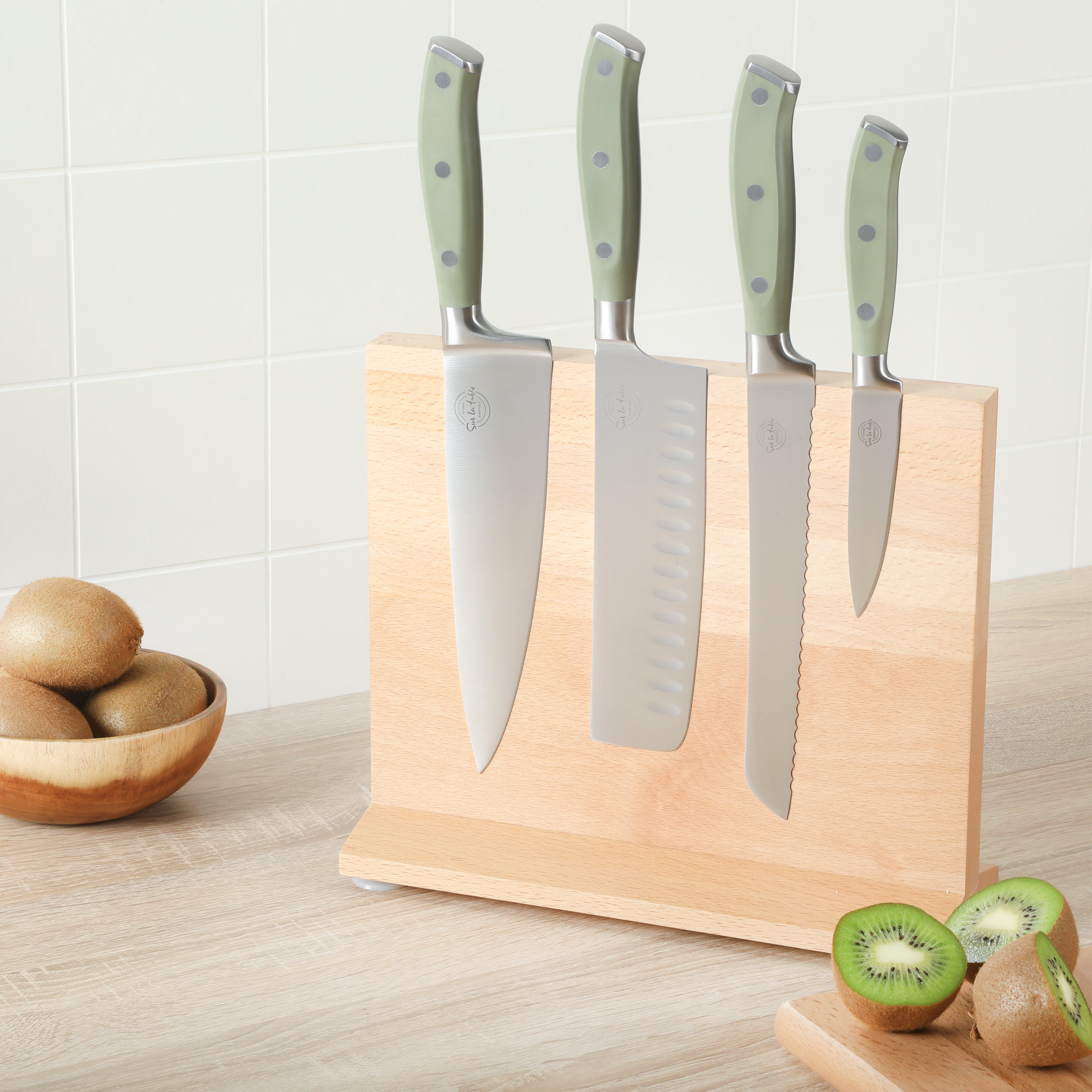 Sur La Table Tasting Kitchen 5-Piece Cutlery Set With Triple Riveted Handle on Beechwood Magnetic Block