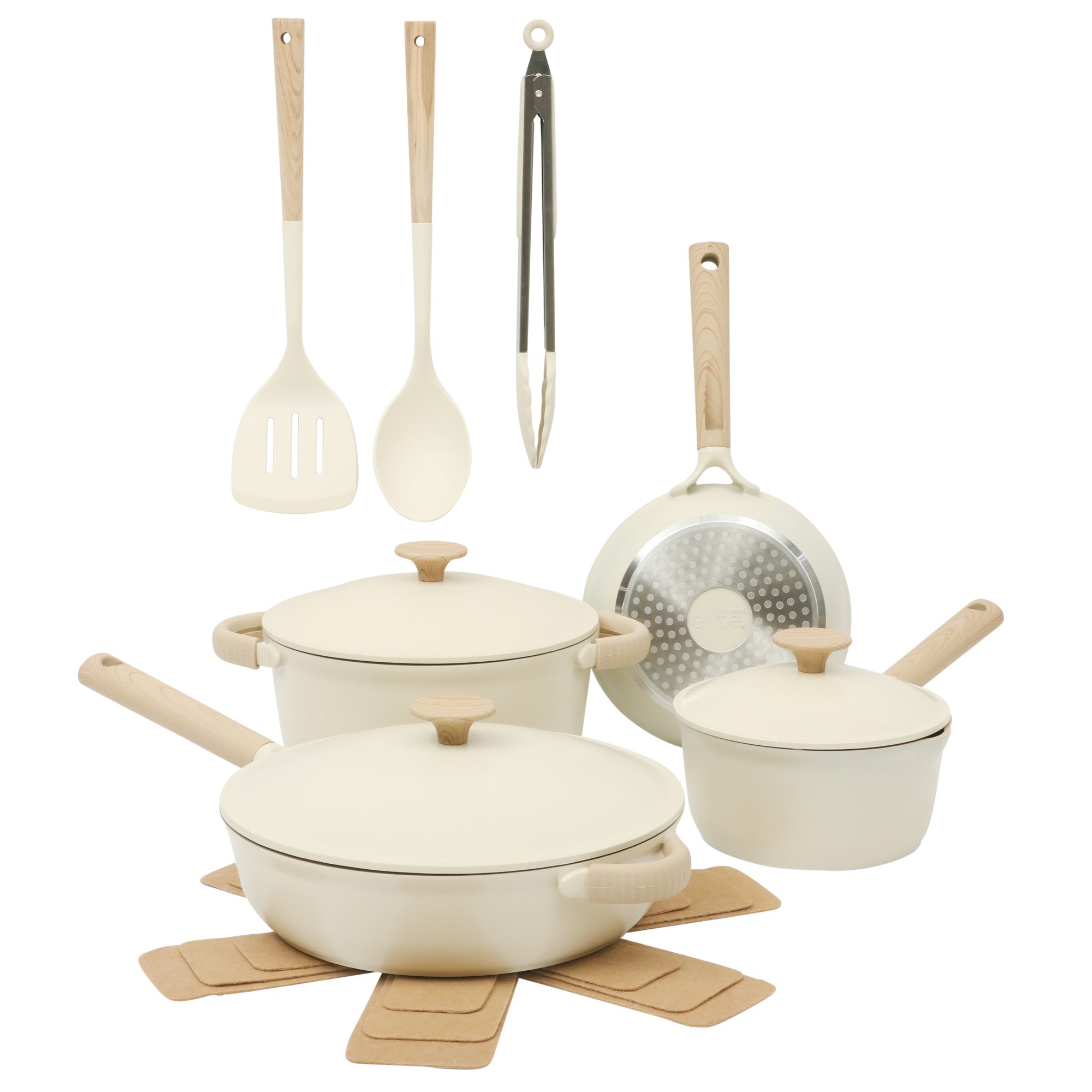 Gibson Elite Folkstone 13 Piece Pots and Pans Durable Cast Aluminum PFA Free Non stick Ceramic Coating Cookware Set W/ Kitchen Tongs, Tools, and Protective Felts - Induction Safe - Linen White W/ Wood Handle