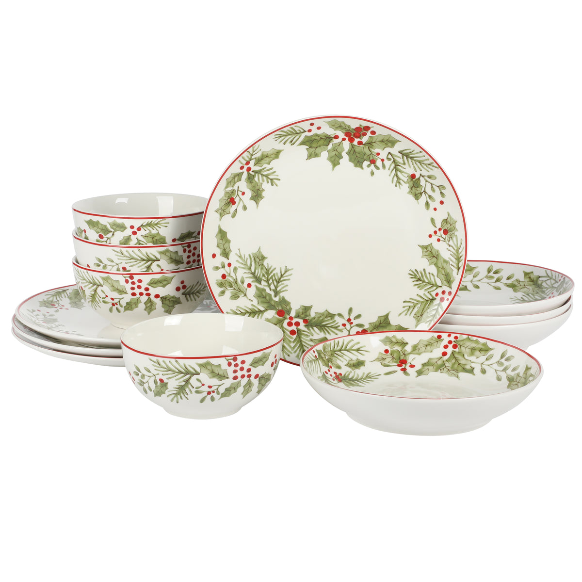 Gibson Home 12 Piece Festive Berries Decorated Porcelain Dinnerware Se