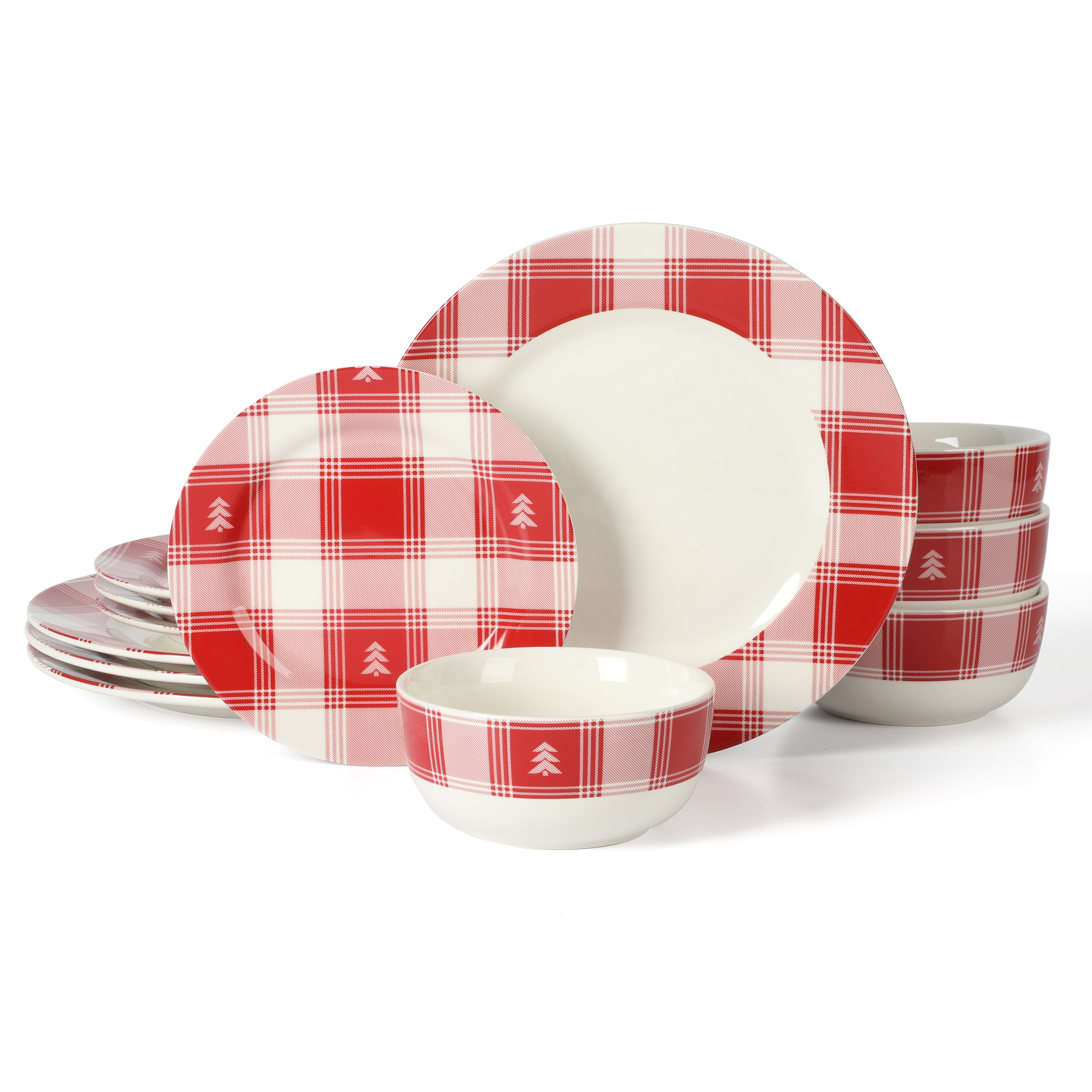 Martha Stewart Plaid 12-Piece Decorated Red and White Stoneware Dinnerware Set