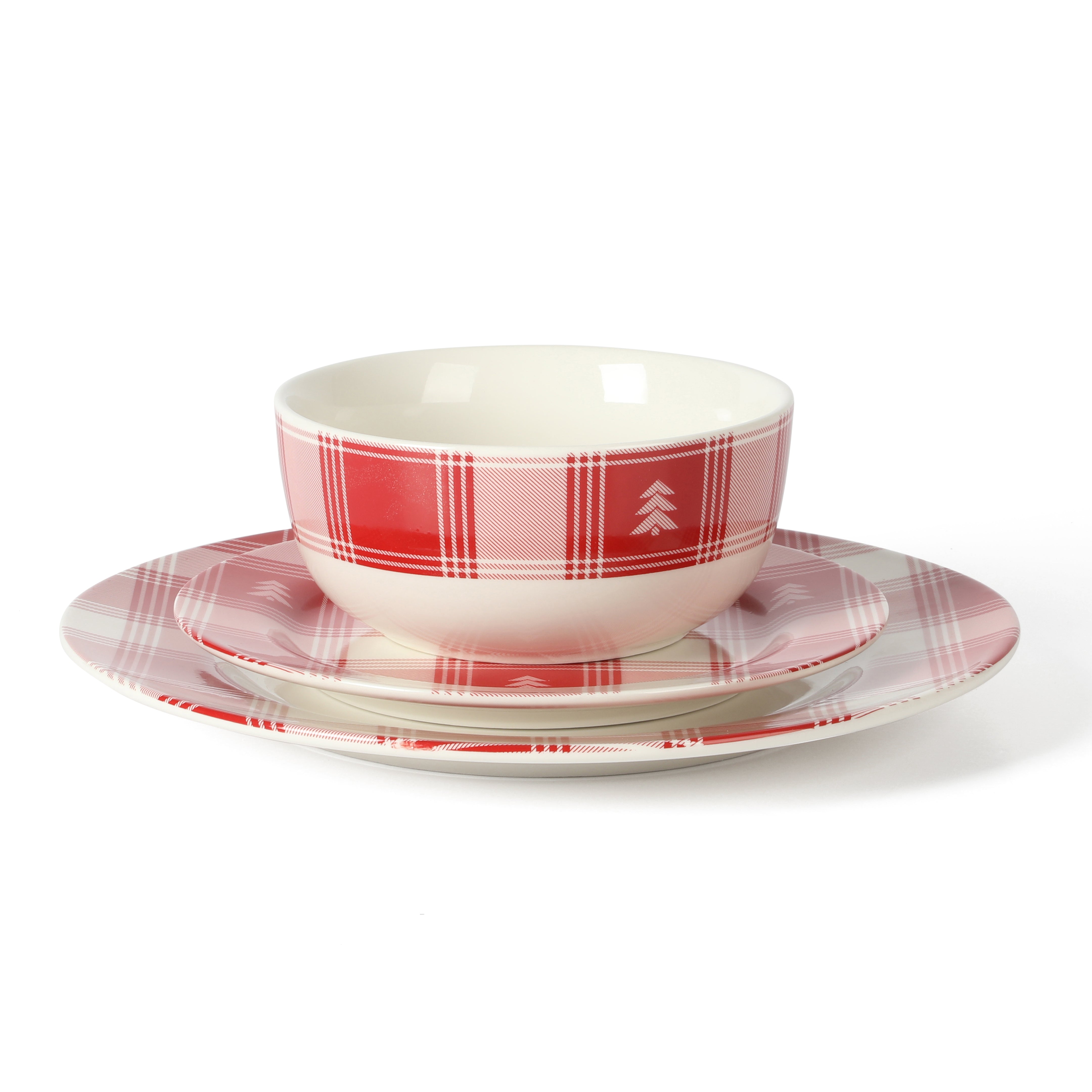 Martha Stewart Plaid 12-Piece Decorated Red and White Stoneware Dinnerware Set