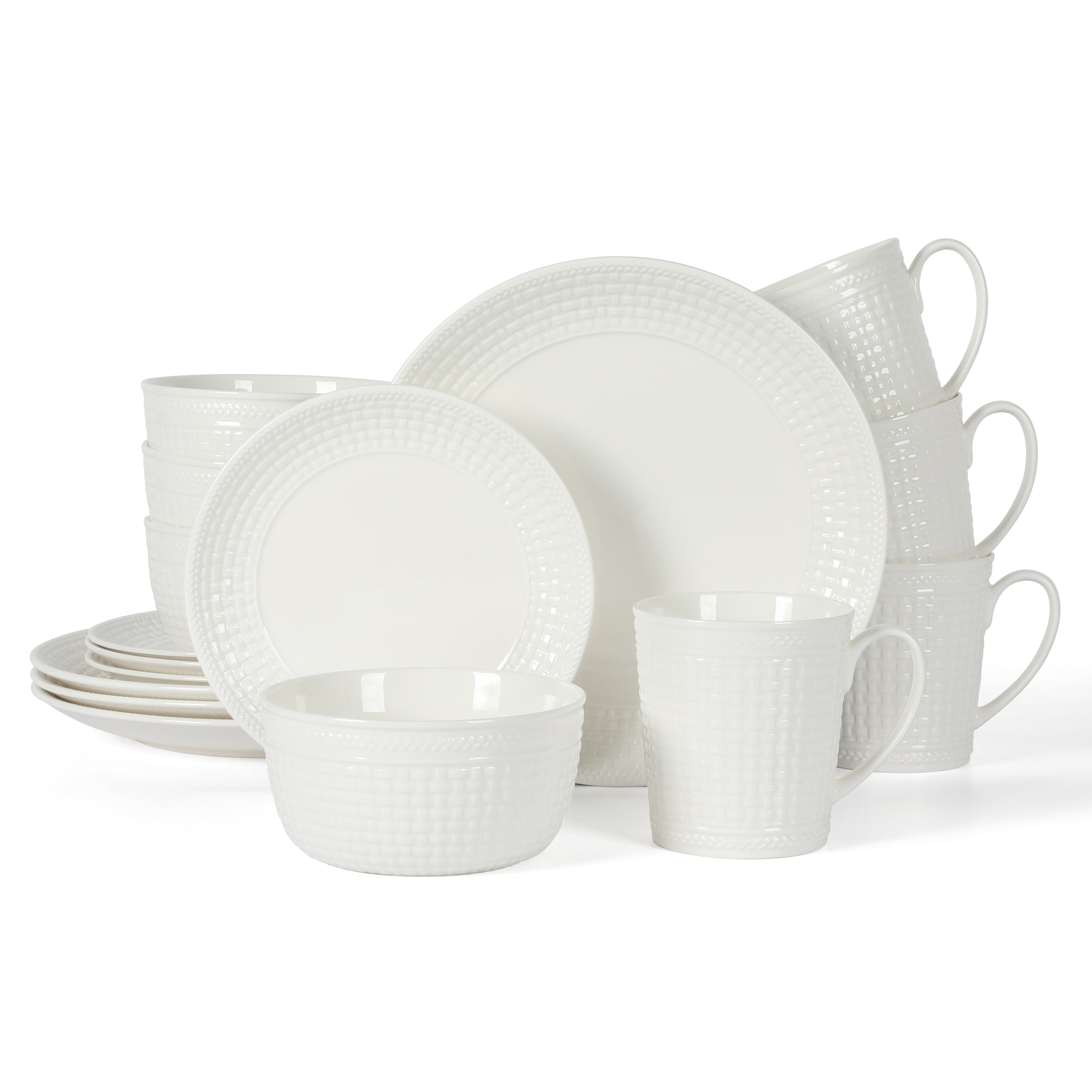 Martha Stewart Basket Weave 16-Piece New Bone China Embossed Porcelain Dinnerware Set