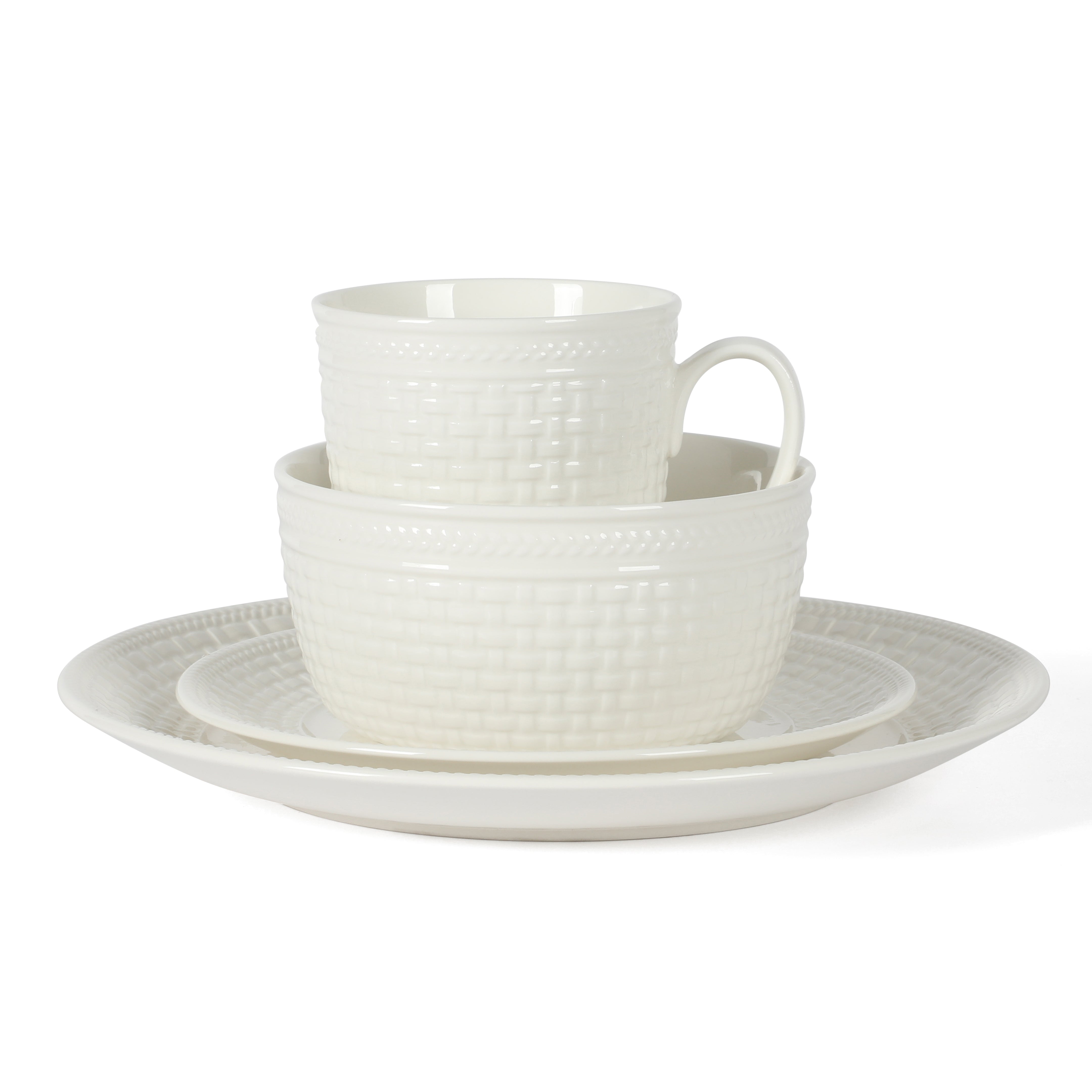 Martha Stewart Basket Weave 16-Piece New Bone China Embossed Porcelain Dinnerware Set