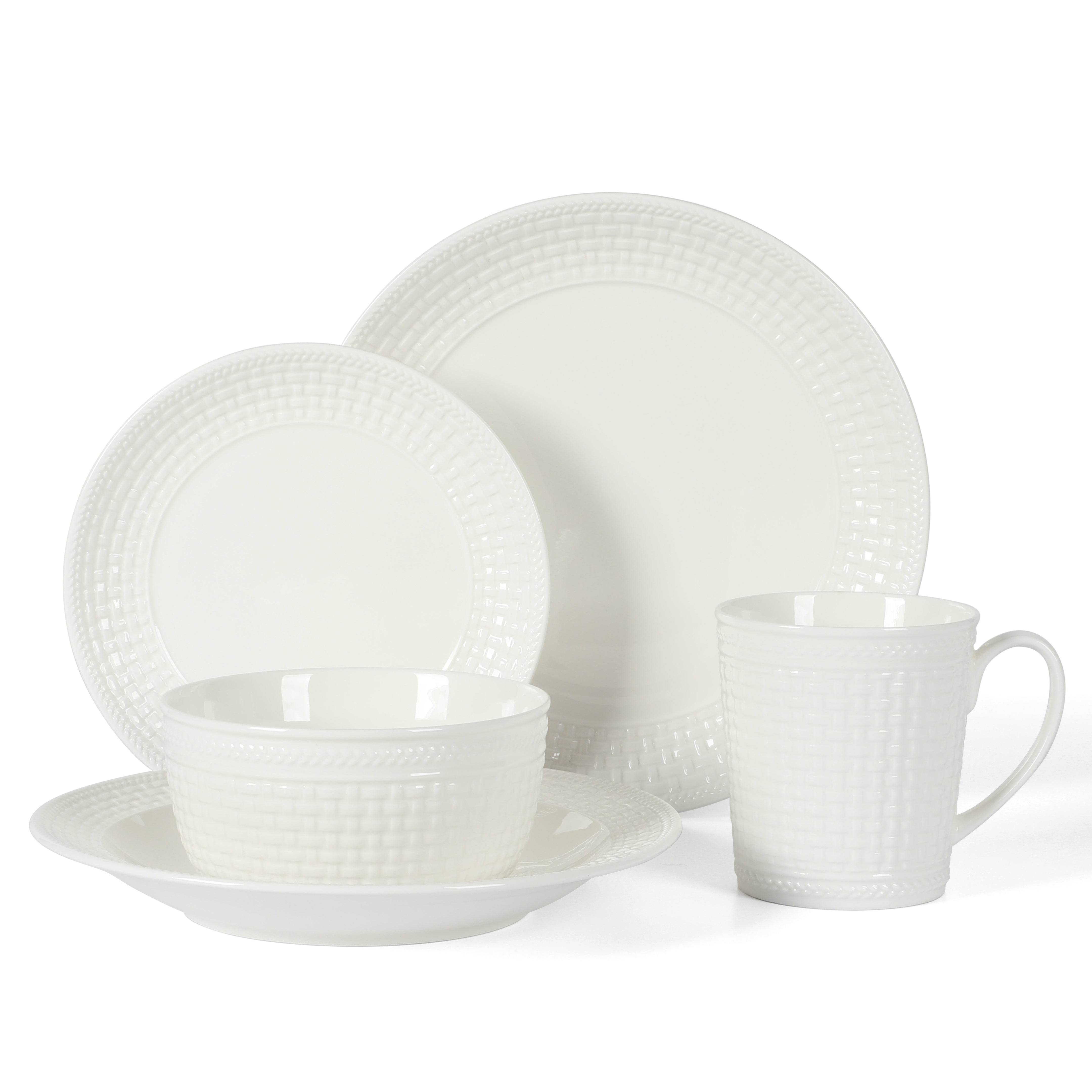 Martha Stewart Basket Weave 30-Piece New Bone China Embossed Porcelain Dinnerware Set
