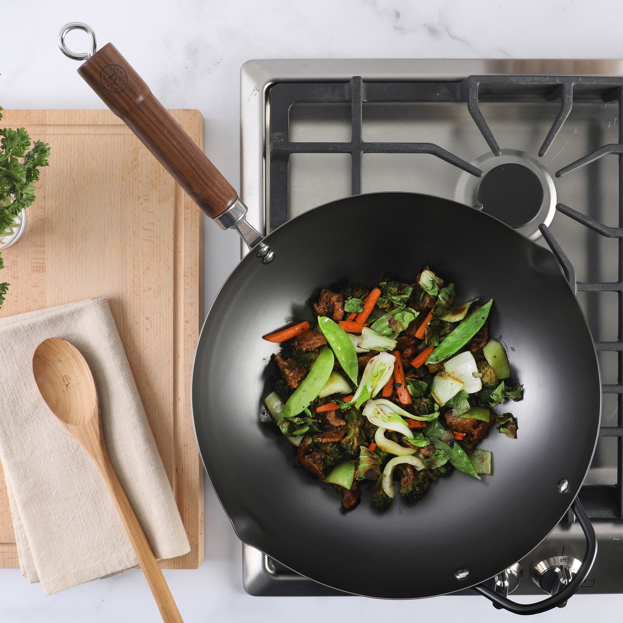Martha Stewart Chisholm 13.5-Inch Carbon Steel Nonstick Wok, PFAS-Free Wok Pan & Flat Bottom Stir Fry Pan with Long Walnut Wood Handle & Helper Handle, Black