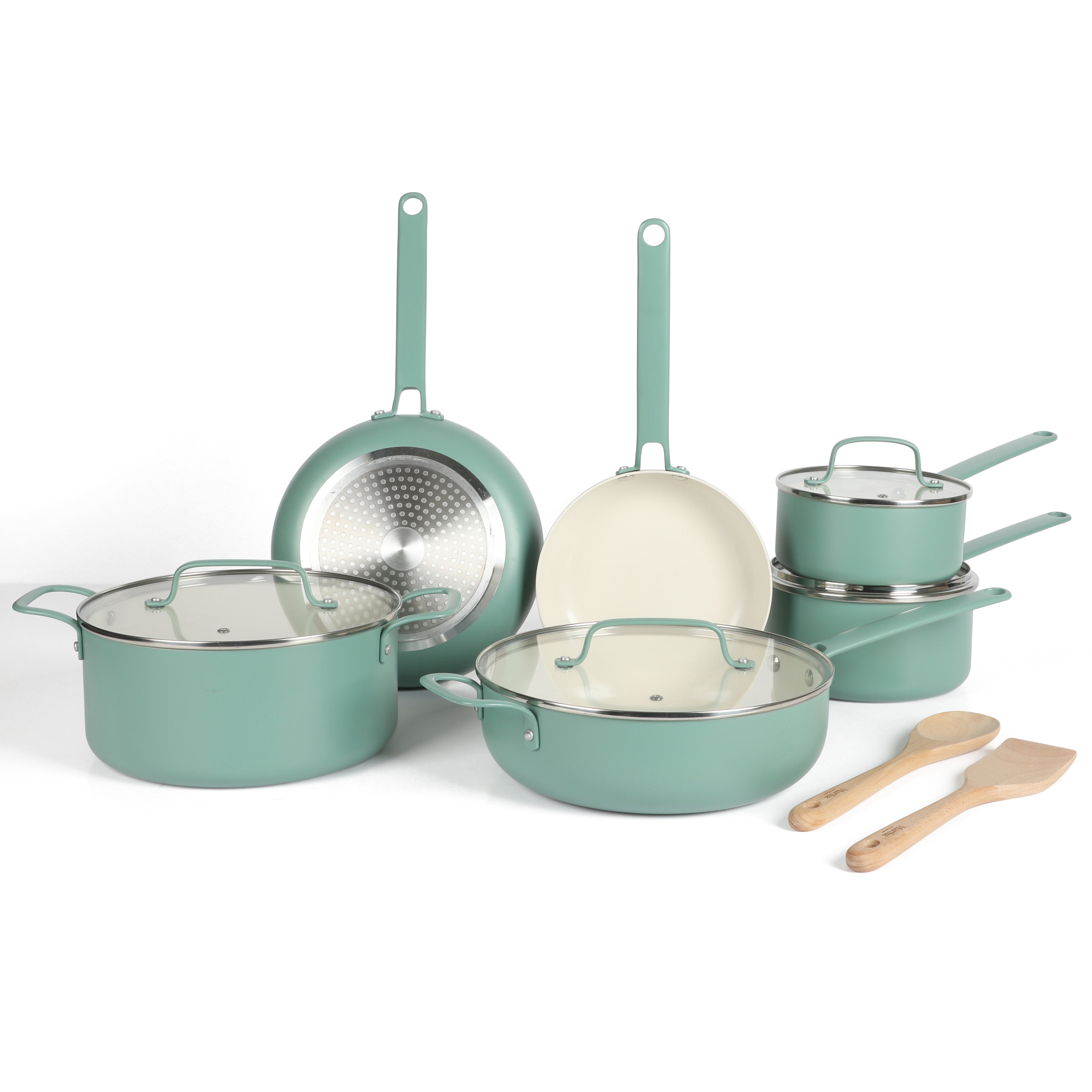 Martha Stewart Emmeline Premium Nonstick PFA Free Ceramic Interior 12 Piece Heavy Gauge Enamel Aluminum Pots and Pans Cookware Set